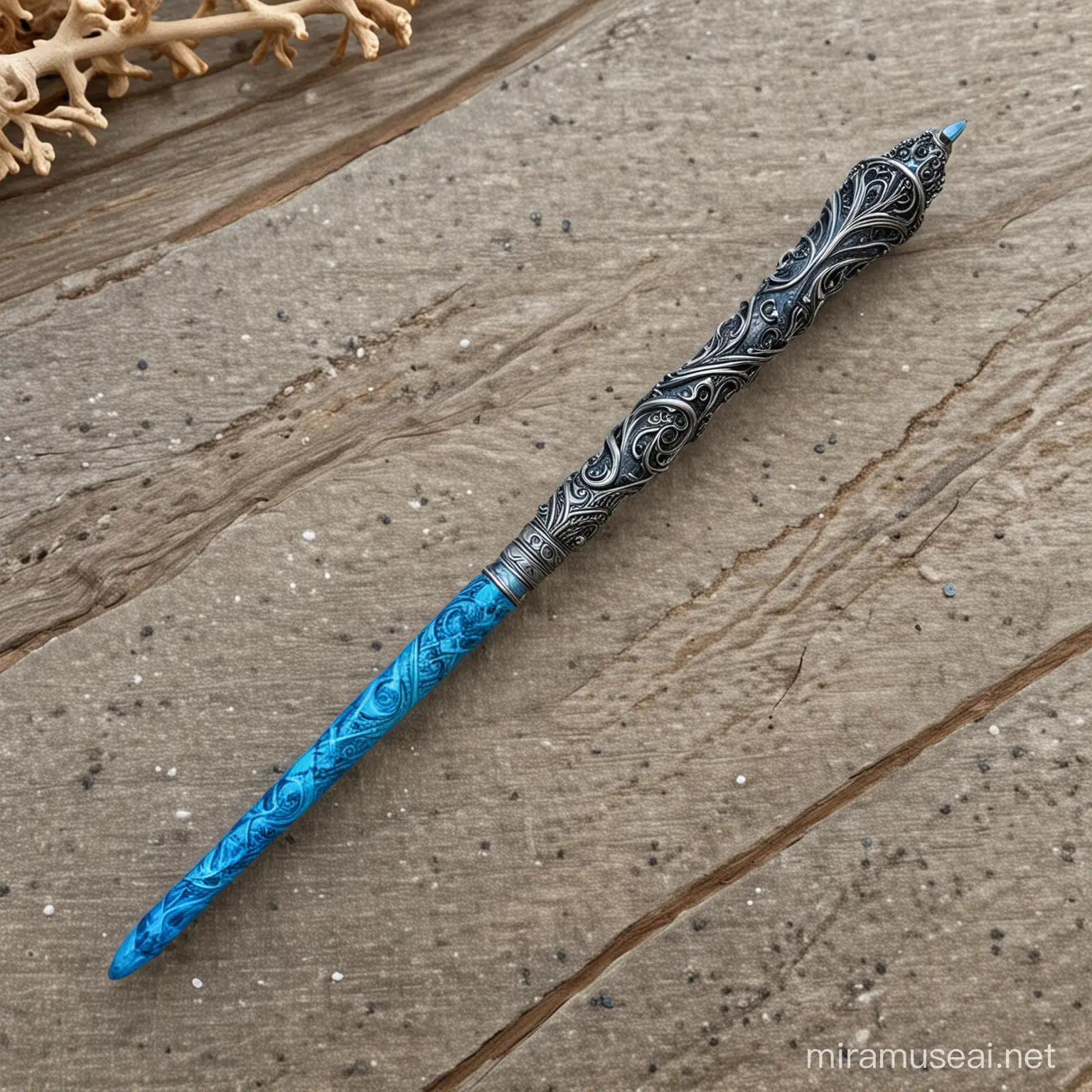 The 12.8-inch magic wand is crafted from rare sea-blue oak, a mystical wood known for its connection to the depths of the ocean and its calming energy. The wand is elegantly carved with intricate patterns resembling waves and sea creatures, enhancing its magical aura.

Infused with the potent essence of dragon's breath, the wand emits a faint, ethereal glow that shimmers like flames dancing on water. This enchanting energy imbues the wand with a fiery power that can be harnessed by skilled magicians to cast powerful spells and channel elemental forces.

When held in the hand of a skilled magician, the sea-blue oak wand resonates with ancient magic, allowing its wielder to tap into the raw power of the elements and weave spells of great potency. Its connection to the sea and the dragons infuses it with a sense of mystery and power, making it a prized possession for any sorcerer or wizard seeking to unlock the secrets of the arcane.

