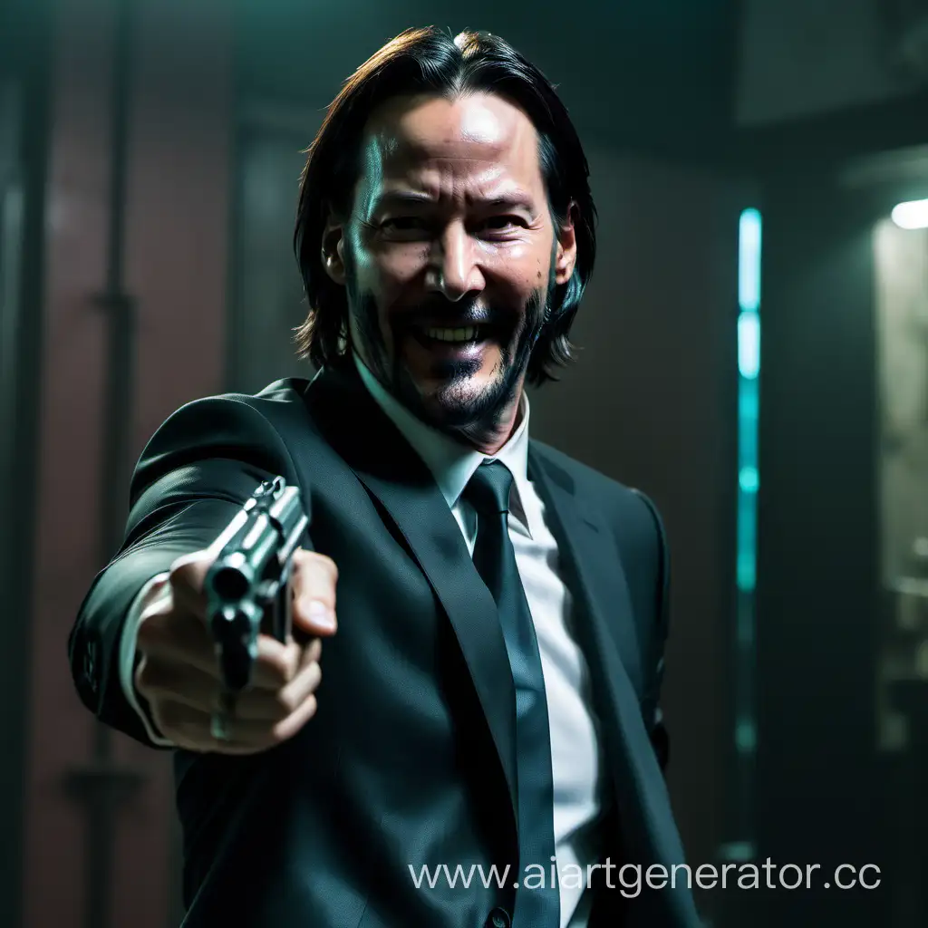 Keanu Reeves from John Wick is smilling while pointing a gun at you