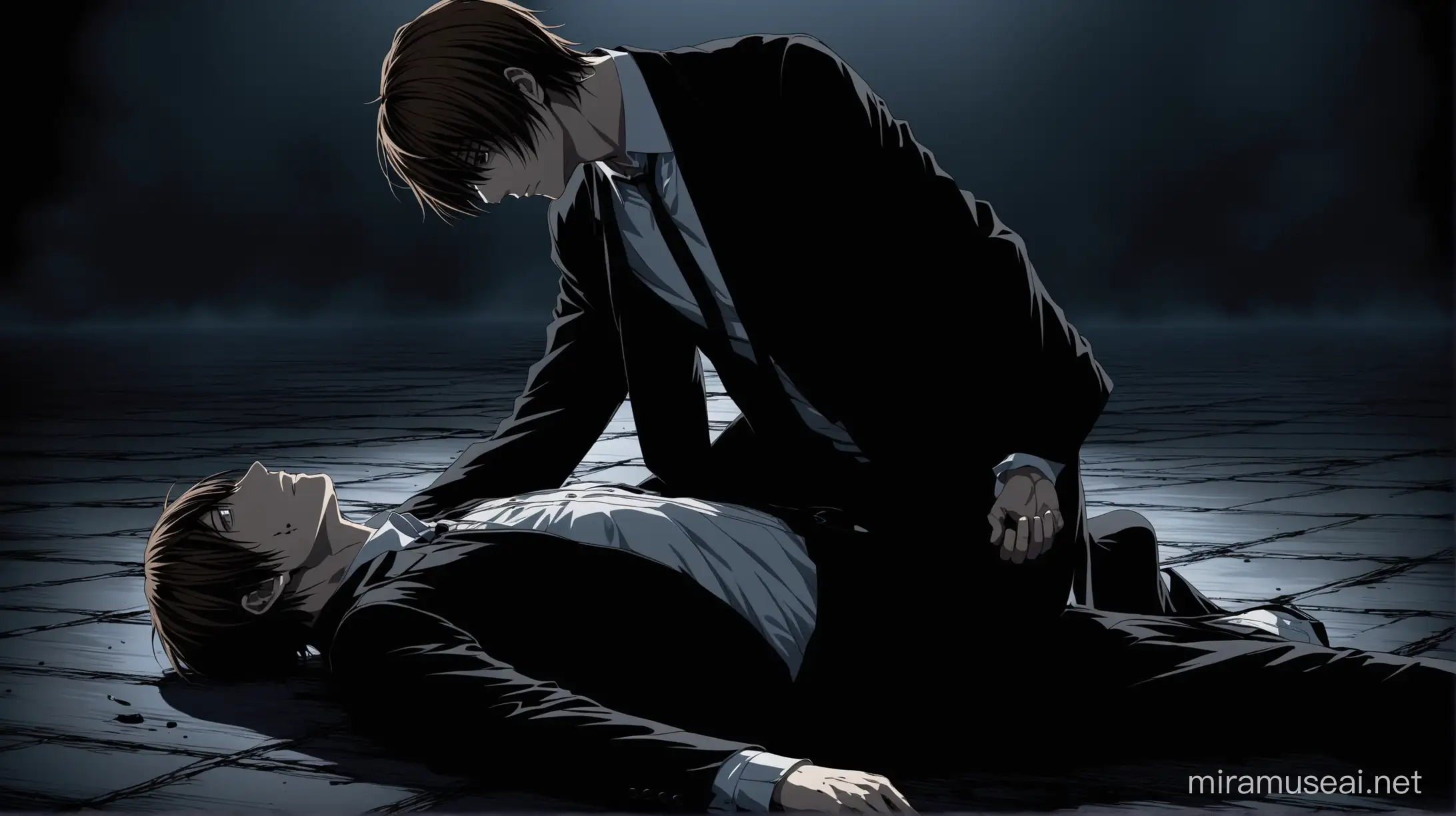 The scene depicts a dramatic moment from Death Note, showing Light Yagami standing over his father, who is lying on the ground, wounded. Light's expression is conflicted, showing a mix of determination and sorrow. His father, weakened and reaching out to him, conveys a sense of betrayal and heartbreak. The setting is dark and somber, with shadows adding to the tense atmosphere. This scene captures the emotional turmoil and moral dilemma faced by Light as he makes the ultimate sacrifice in his pursuit of justice.
