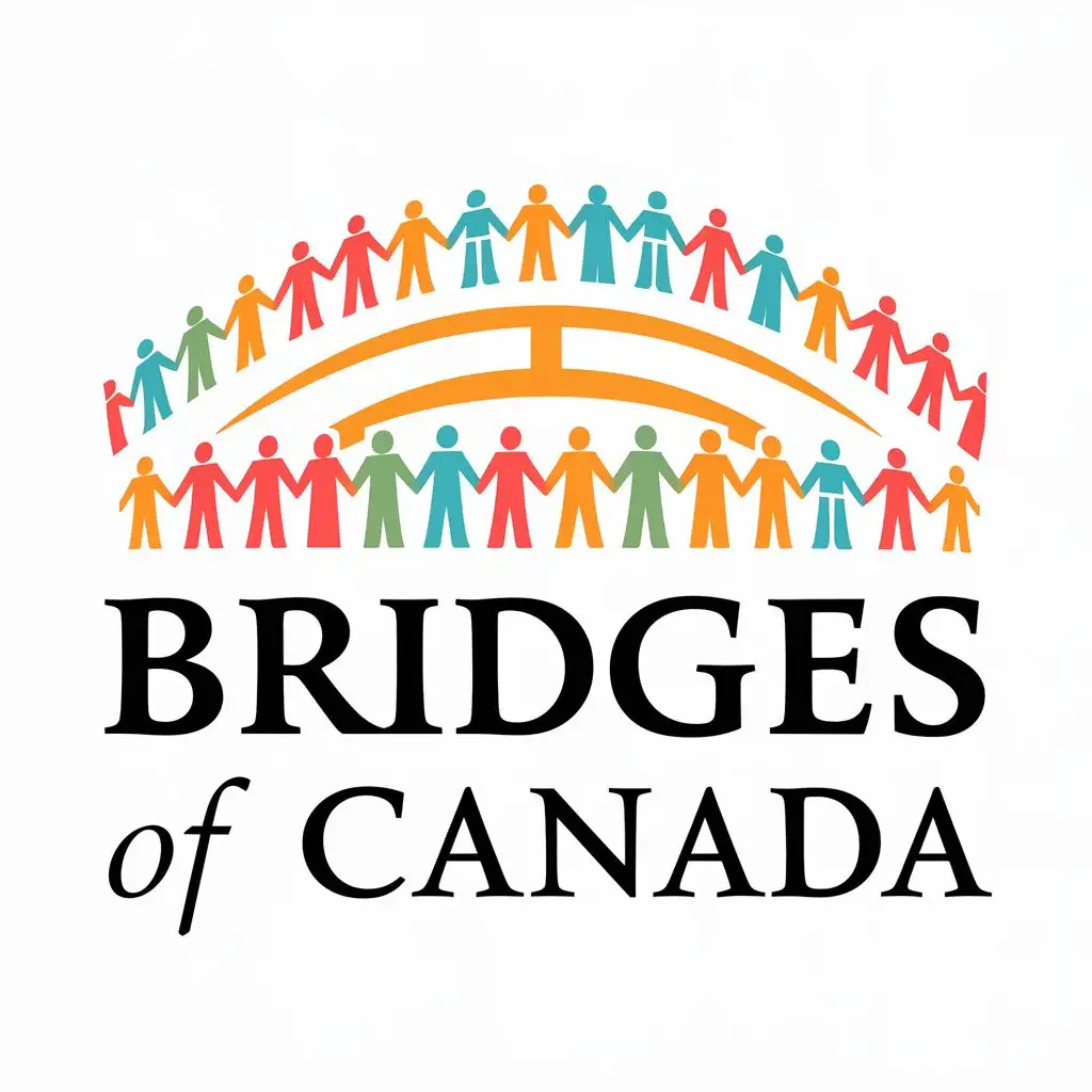 logo, many different coloured people holding hands and the image of a bridge, with the text "Bridges of Canada", typography, be used in Nonprofit industry