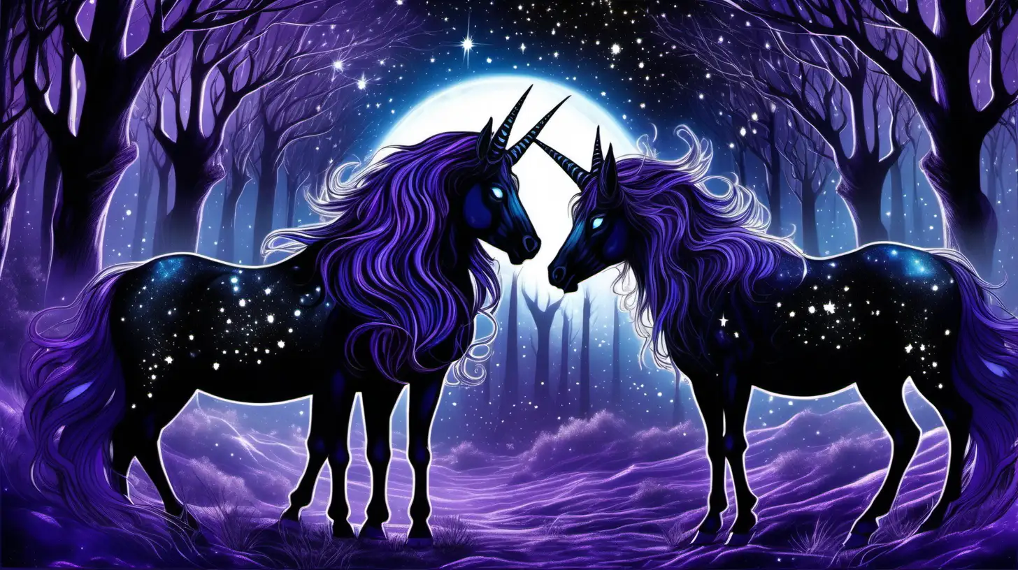 two beautiful black unicorns, with glowing horns their coats and manes shining with stars and the universe, one male and one female, glowing horns, similar to Sue Dawe artwork in a shadow laden dark gothic magical realm  magical forest with various shades of purple, blue and black desolate landscape