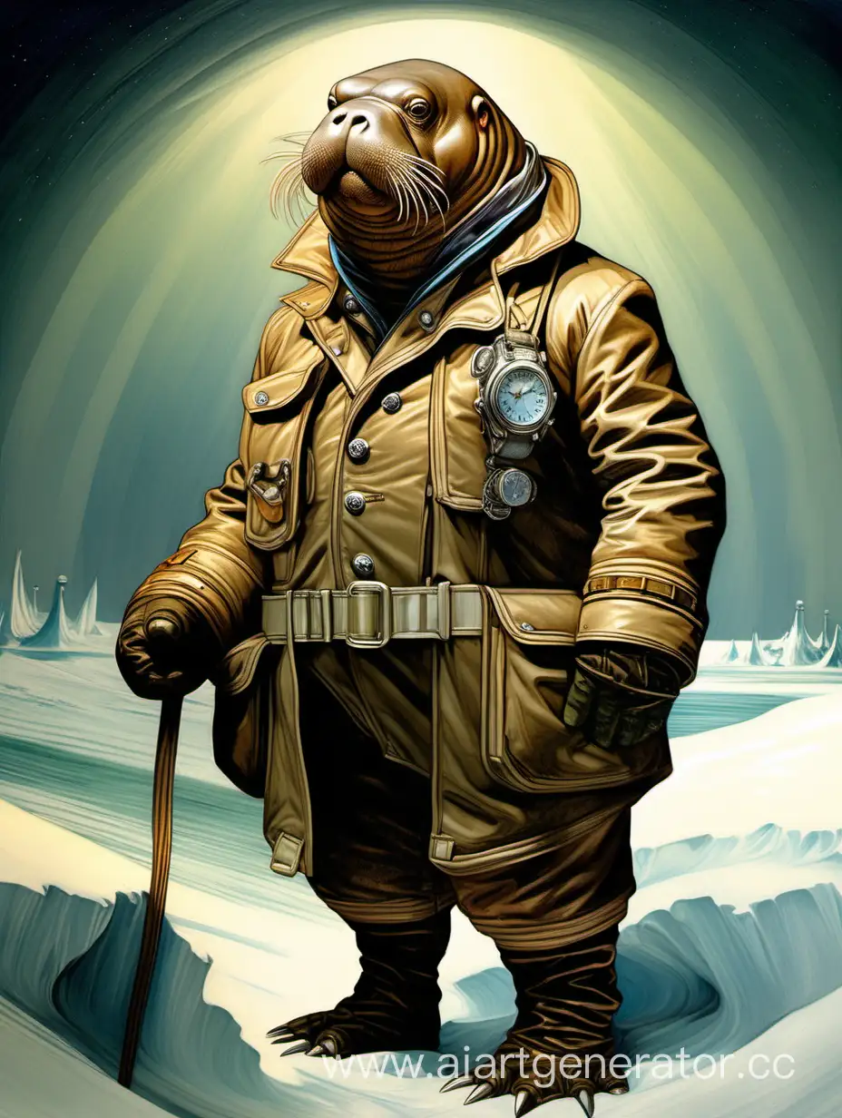 An anthropomorphic walrus wearing an artic explorer outfit with adventuring gear full of pockets and harness holster belts , a stunning Donato Giancola's masterpiece in <mymodel> sci-fi retro-futuristic art deco artstyle by Anders Zorn and Joseph Christian Leyendecker , neat and clear tangents full of negative space , a dramatic lighting with detailed shadows and highlights enhancing depth of perspective and 3D volumetric drawing , a vibrant and colorful high quality digital painting in HDR