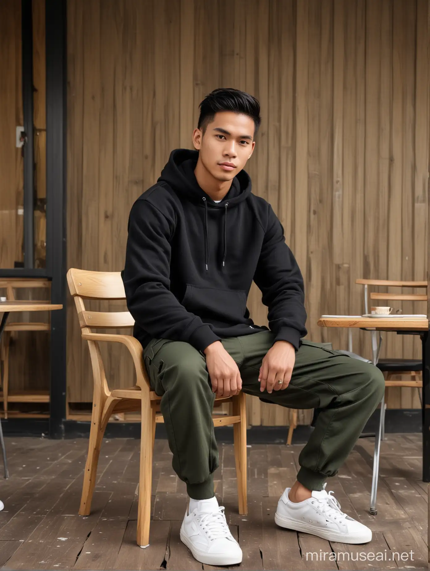 Seorang pria tampan Indonesia, usia 23 tahun, mengenakan Hoodie hitam dan celana army, rambut pendek dan belah sisi, duduk di kursi kayu, background caffe, sepatu putih, fotografi, full body, realistis, Nikon 15mm, Ultra 4K