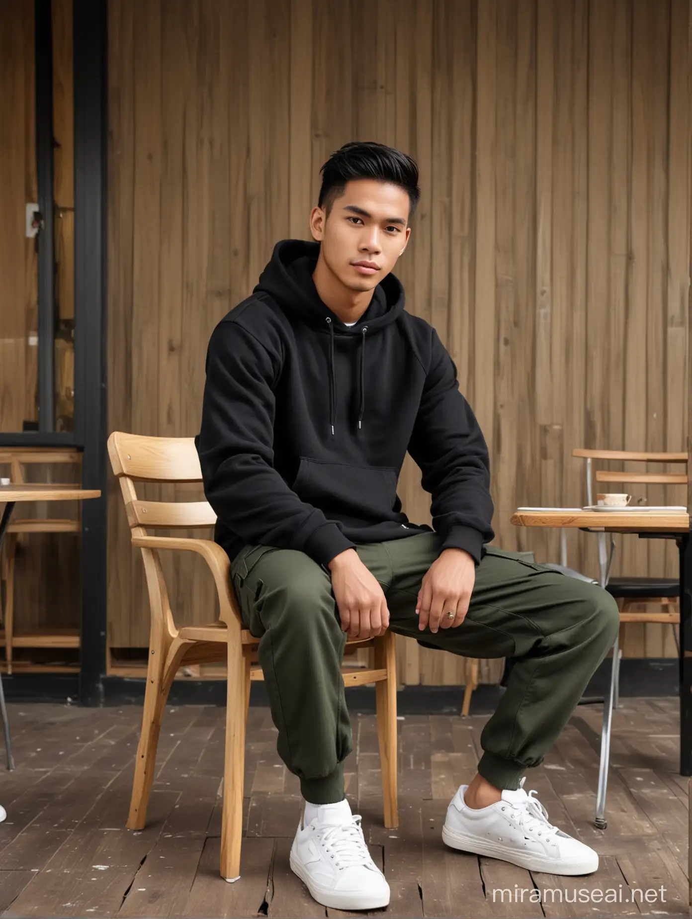 Stylish Indonesian Man in Caf Setting Portrait Photography with Nikon 15mm Ultra 4K