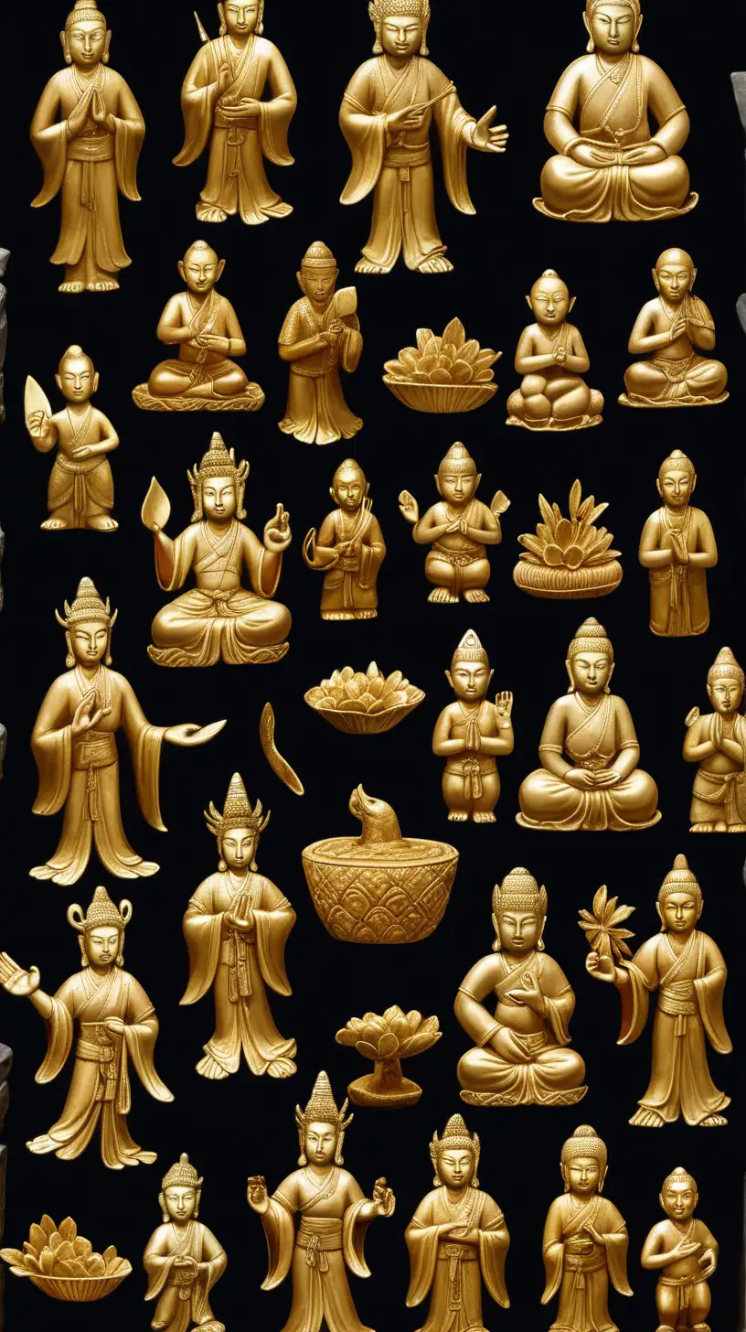 Asiatiska gamla guldfigurer, guldfiguriner, olika konstföremål i guld, helbild stora bilder mot svart stenbakgrund med platta stenar bakgrund, mycket detaljrika, inga småbilder, hyperealistisk, fotografisk, digital, tecknad bild