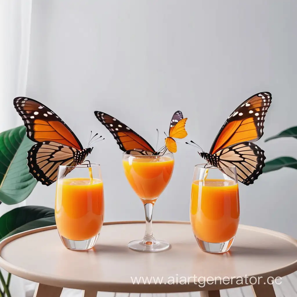two big butterflies are sitting at the small table, and holding in their hands glasses of juice. 