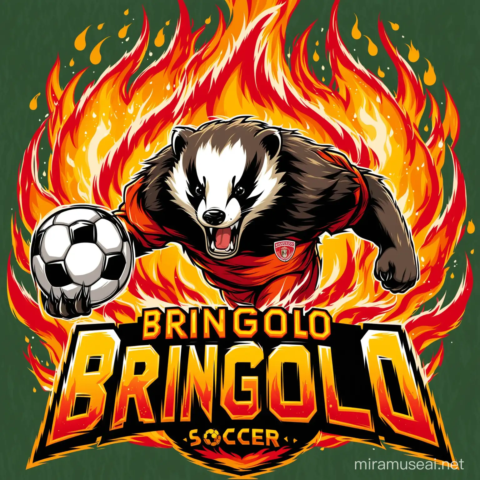 logo for bringolo soccer team, with an aggressive badger in flames