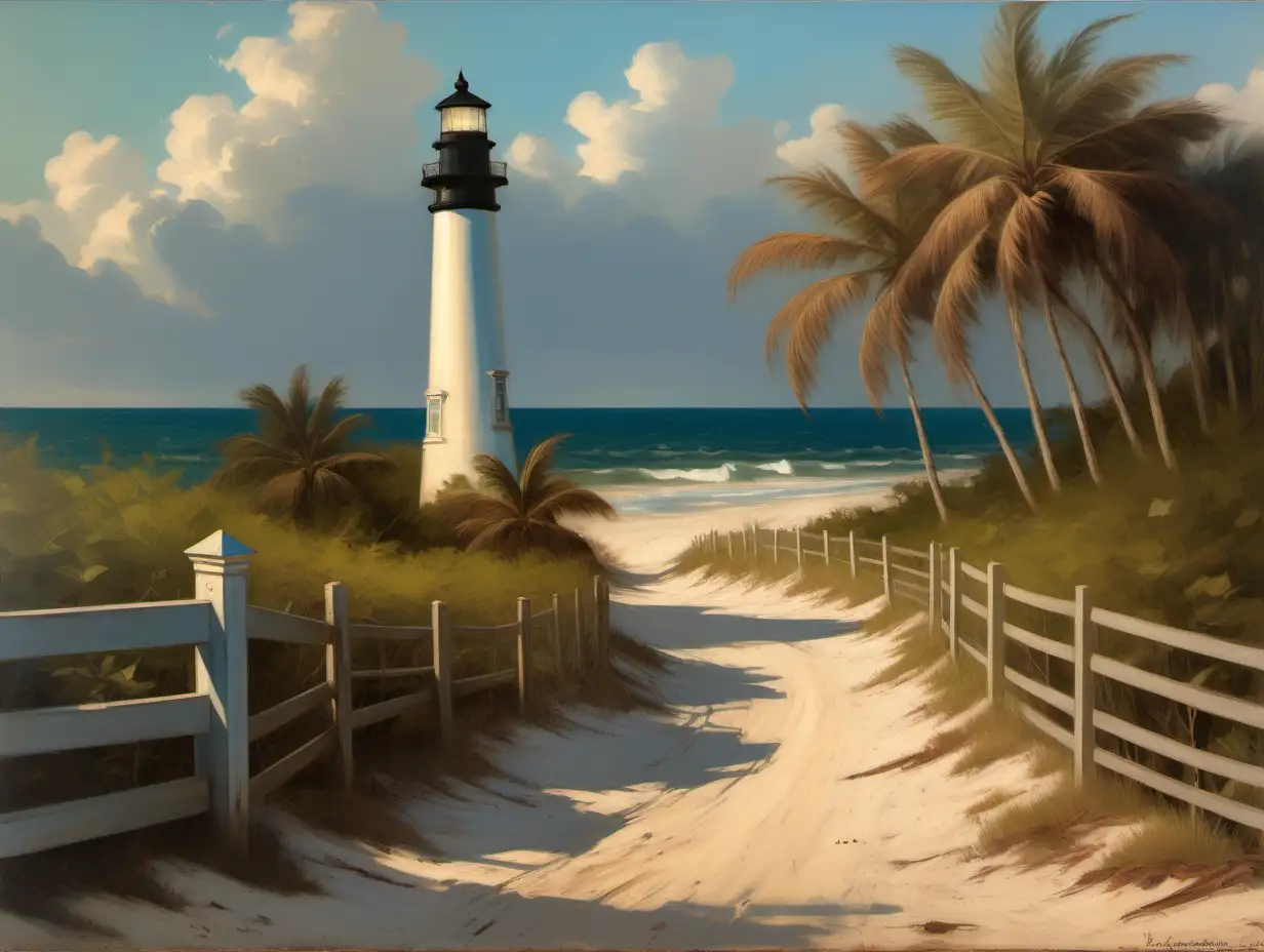 old florida landscape with detail in style of manet with ocean and beach in distance, winding sandy road, a small lighthouse on homestead property late afternoon lighting