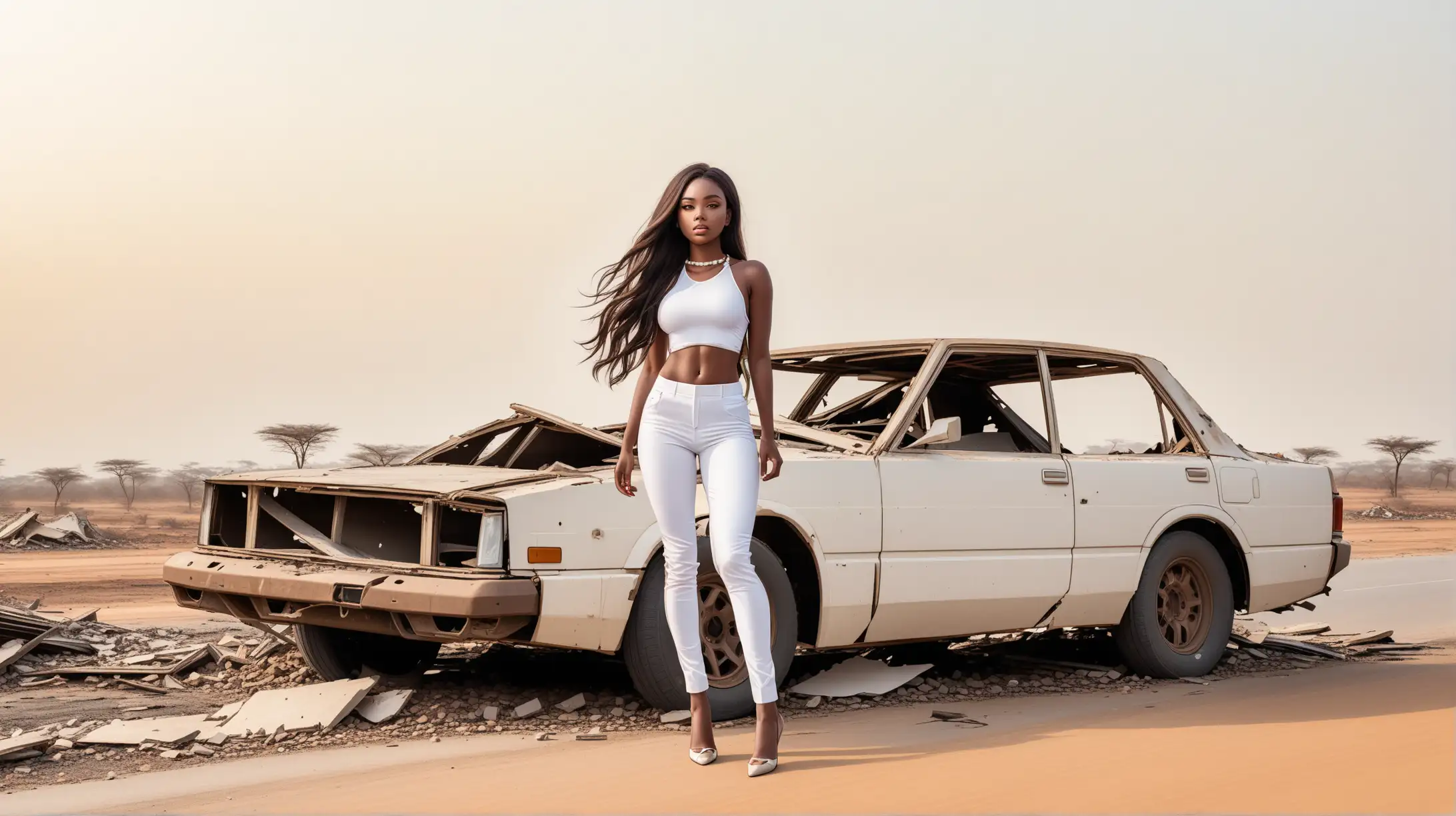 Full body of an African young woman dressed in a sexy outfit with white slack pants long hair standing on top of a demolished car in a deserted road