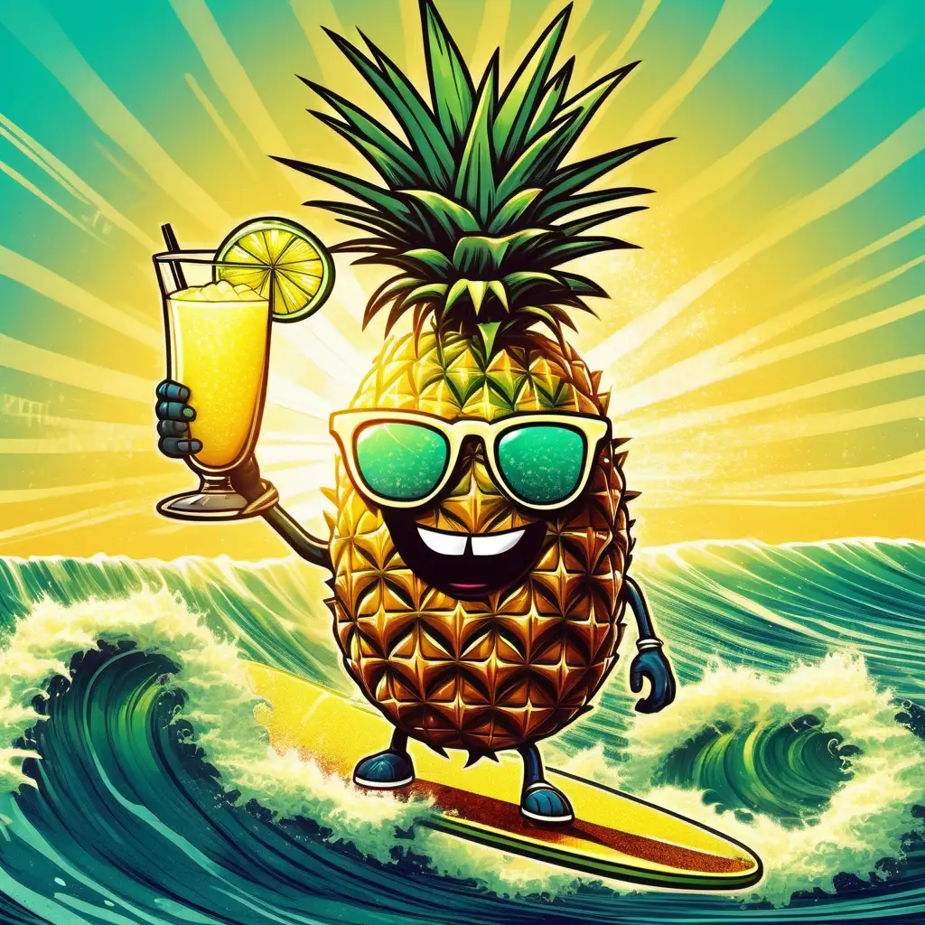 A cheerful pineapple riding a massive wave on a surfboard. The pineapple is wearing stylish sunglasses and holding a margarita drink in one hand. The sun shines brightly overhead, casting a warm glow on the scene. The waves crash behind the pineapple as it balances effortlessly on the surfboard.