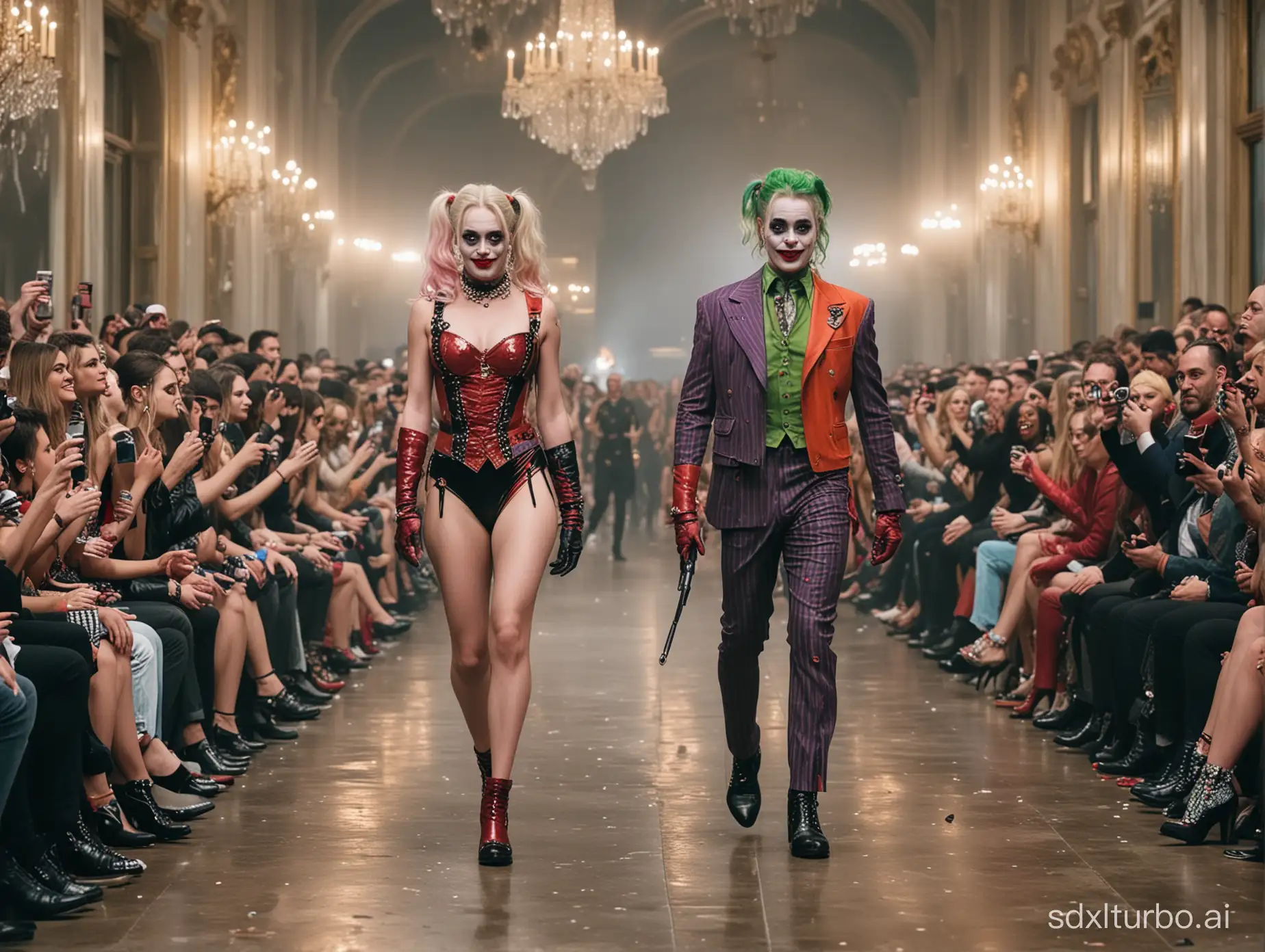 Joker and Harley Quinn walk the runway at Paris Collection, guns, laughing, walking, (full-length image), (audience on both sides), Paris Collection runway, colorful, super delicate photos, Paris Collection runway, (eccentric fashion), outrageous fashion, flashy fashion, Paris Collection