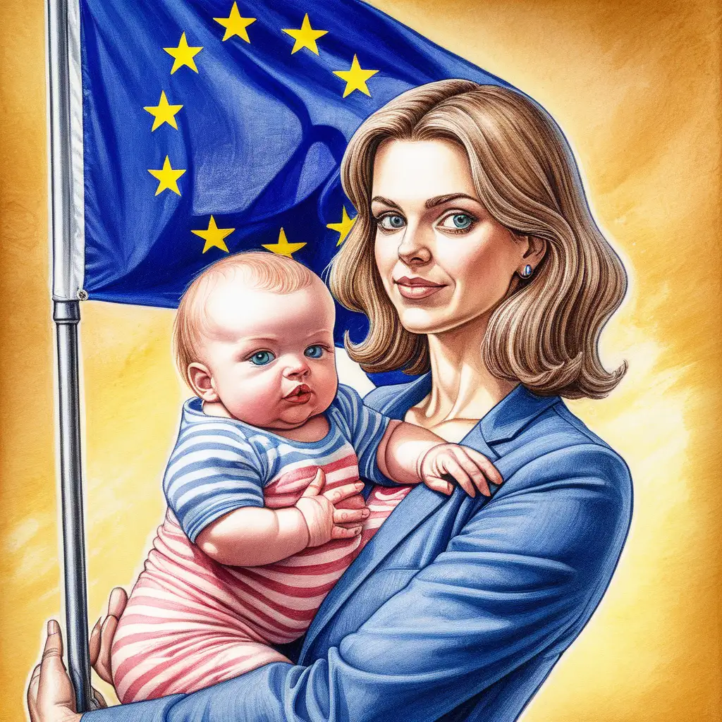 Create an image of a woman holding a baby with the EU flag in the background. The image must be in the style of Matt Wuerker