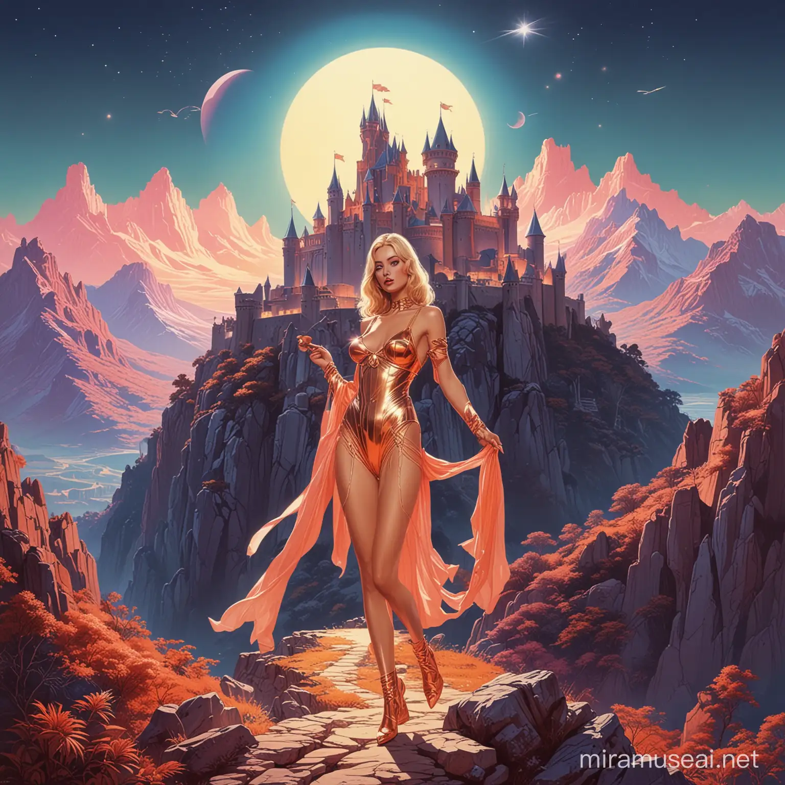 In a disco outfit, vintage poster of an ancient medieval castle in the mountains, in the style of Hajime Sorayama and Roger Dean, surreal moonlight, bright colors, collage style