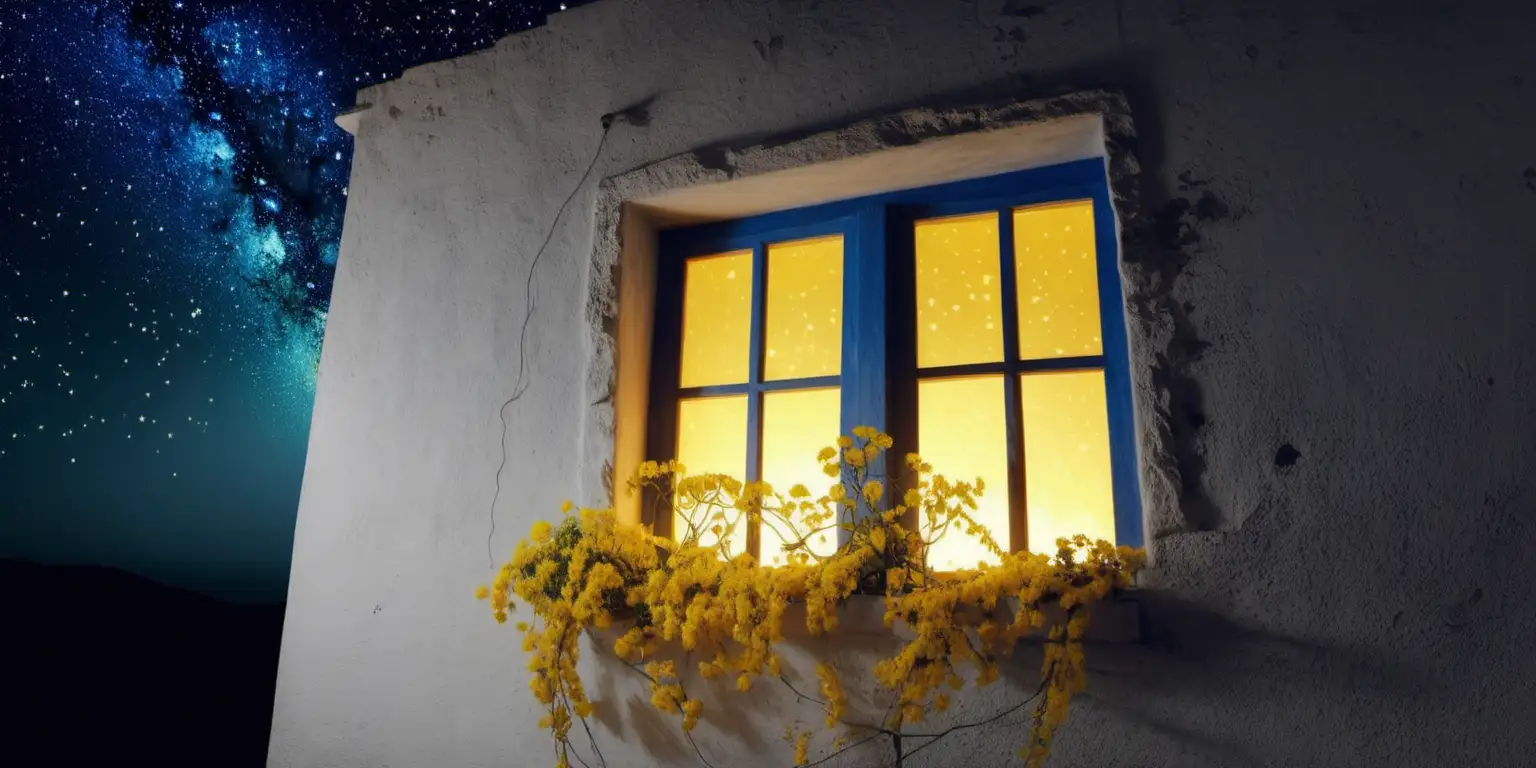 close up view from outside to window with light lamp inside of  an old greek house,the wall  surrounding by vines plant with yellow flowers,  ultra detailed, beautiful night sky with stars, twil  petals fly on sky, 