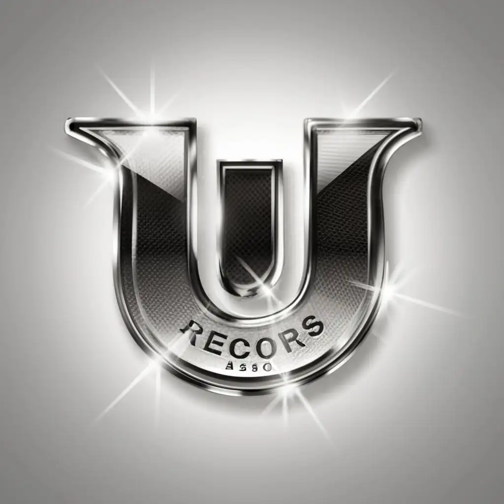 a logo design,with the text "UNIQUE Records", main symbol:silver shiny cute over the top big U Chrome reflection metallic silver background Glamorous,complex,be used in Beauty Spa industry,clear background