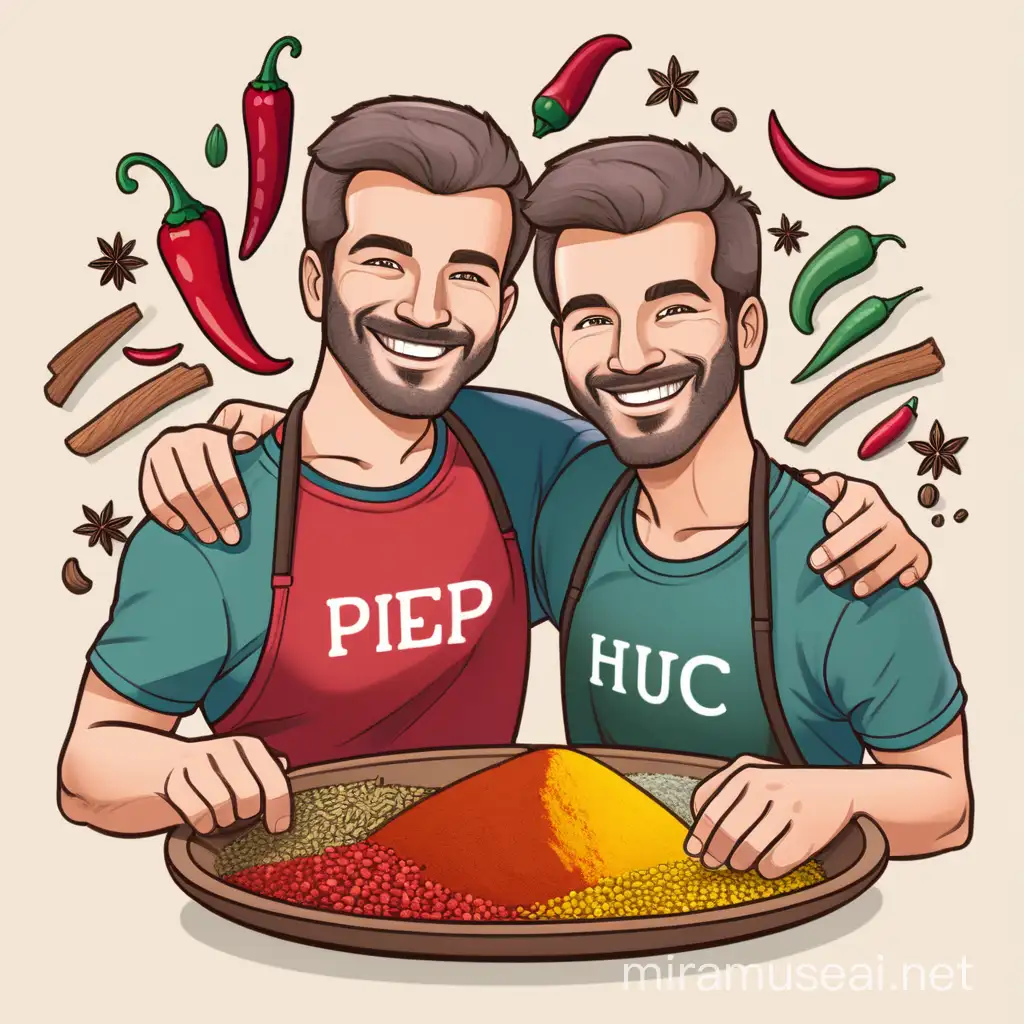 halfbody mascot cartoon logo of two 30-year-old men, representing my brother and me, surrounded by colorful spices. One should hold a plate of red, green, and yellow spices, while the other holds a happy red pepper. Reflecting our herb and spice business, ensure the illustration is welcoming and appeals to all ages. Include spice colors and maintain a friendly, approachable style. 