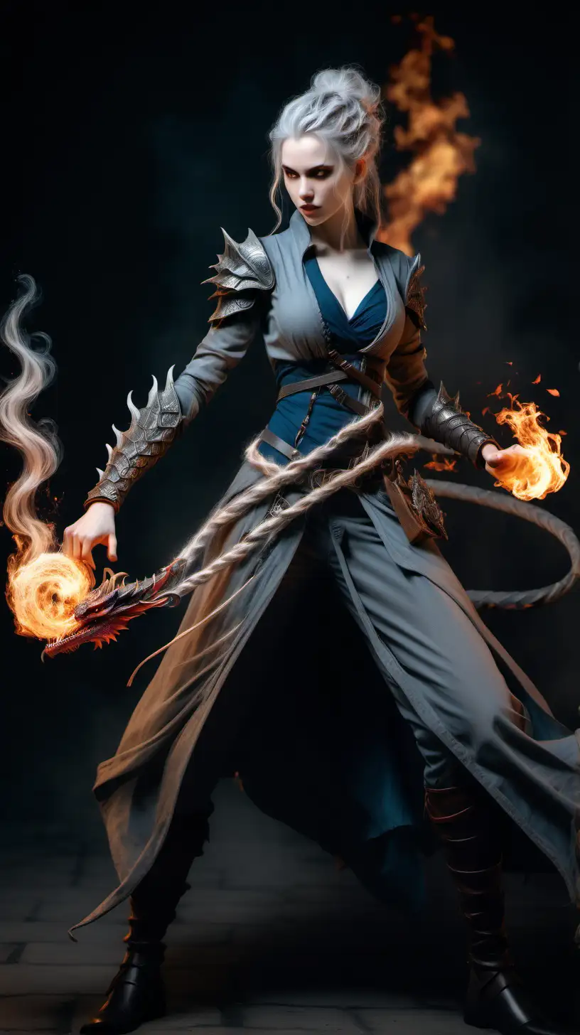 Beautiful pale skin half dragon, tall, fit, wild messy braided gray hair, female spellsword, full body, in fighting stance with fire powers