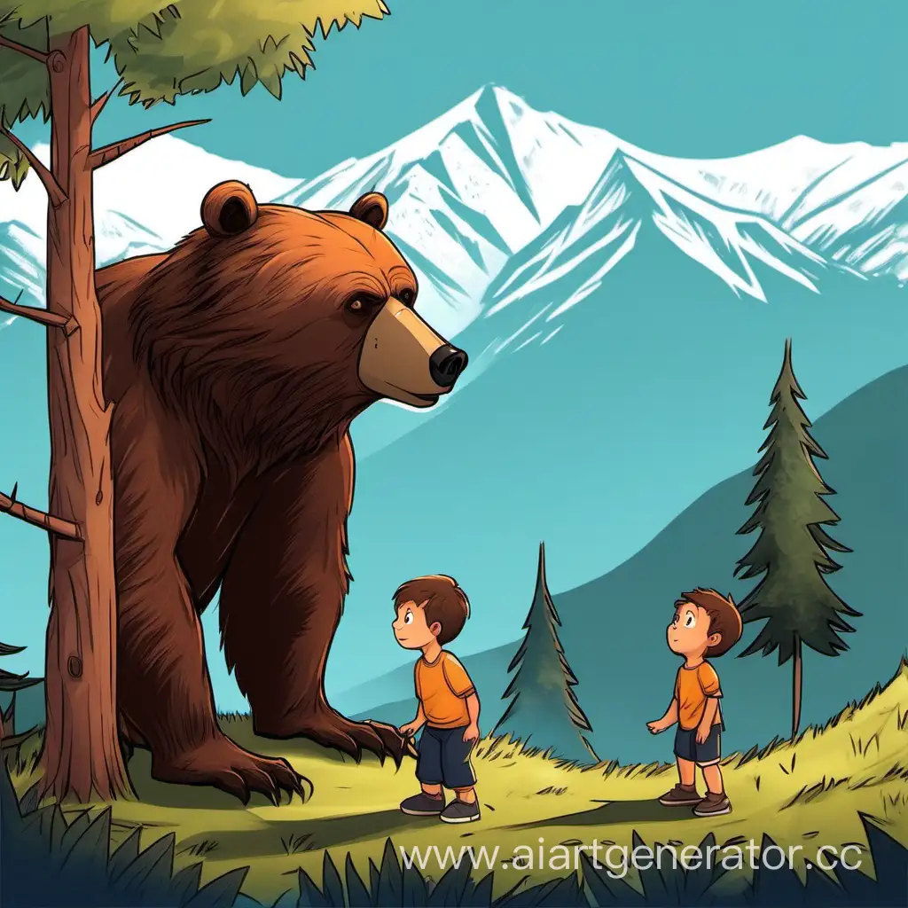 мальчик поднимает большое дерево, рядом стоит  медведь стоит рядом и смотрит на него, на фоне гор.