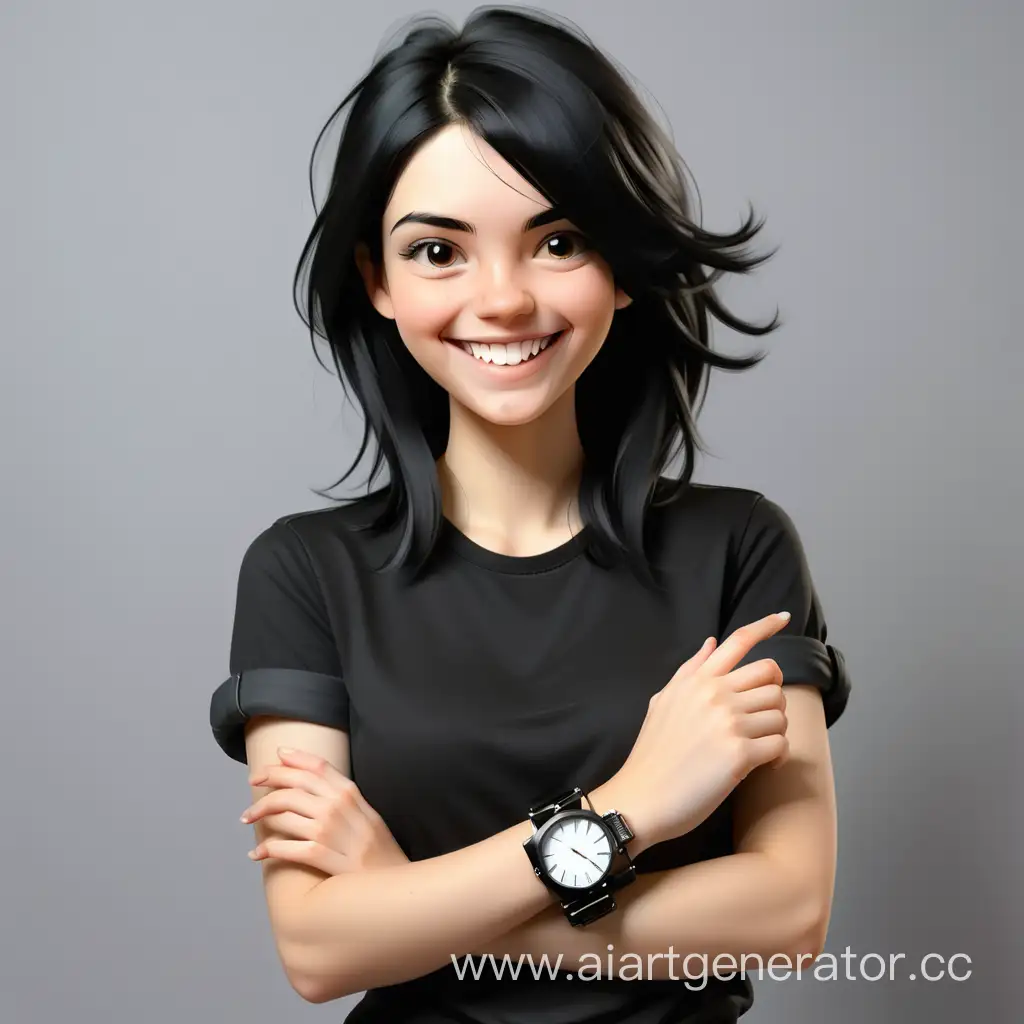 Young-Woman-Smiling-Modestly-in-Black-Shirt-with-Wristwatches