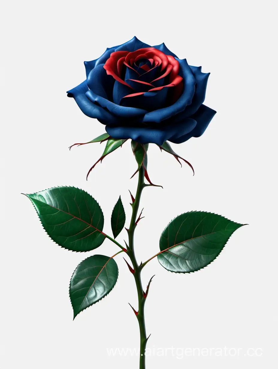 realistic dark blue Red Rose 8k hd with fresh lush 2 green leaves on white background