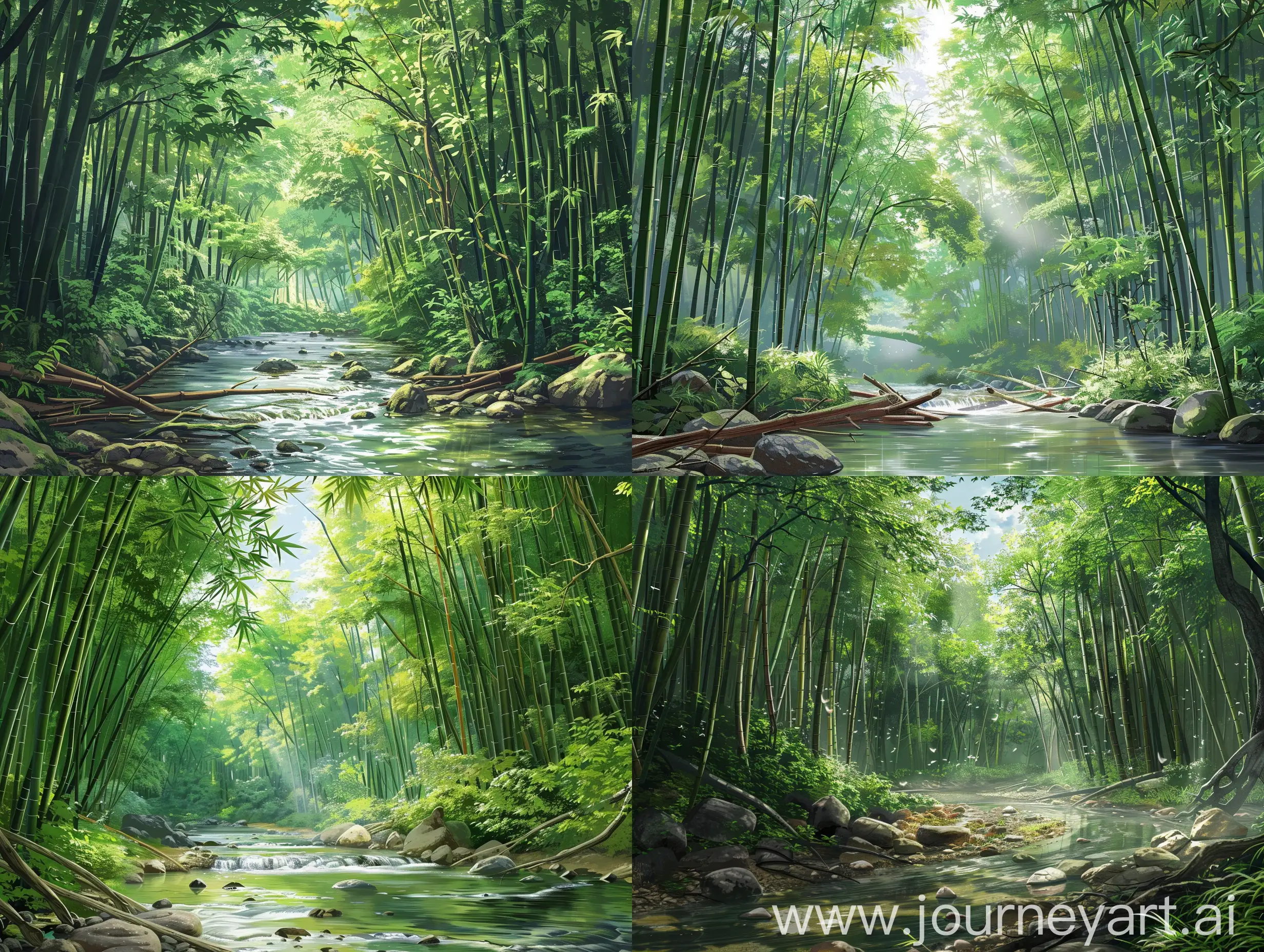 Aesthetic anime style,a highly rendered visual,4 k anime style, a tranquil scene within a bamboo forest. A gentle river meanders through the center, flanked by tall bamboo stalks that stretch towards the sky. The green leaves form a canopy above, with sunlight filtering through to create a dappled effect on the forest floor and the river’s surface. Rocks and fallen branches add a natural ruggedness to the peaceful setting, enhancing the forest’s mystical ambiance. This serene landscape, with its interplay of light and shadow, invites a moment of reflection and calm,sharp detailing.
