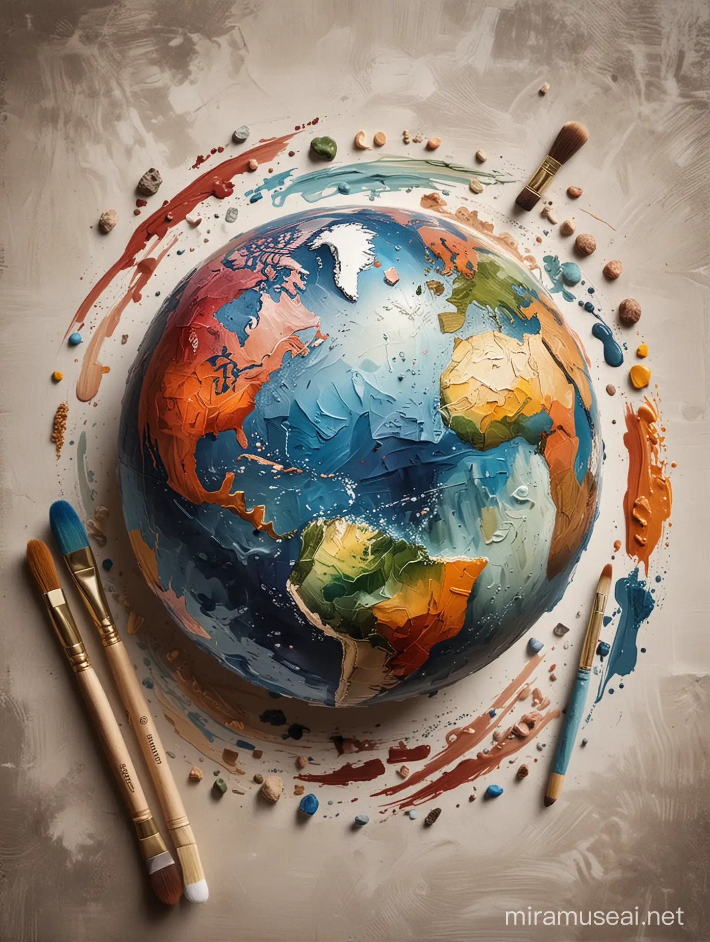 A hand-painted earth with elements of art like paints brushes, palette etc around it