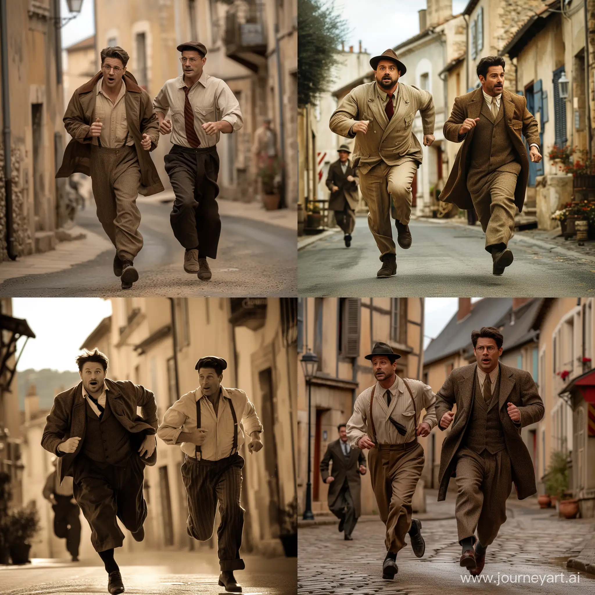 Seth Rogan in 1940s french attire, old picture quality, running alongside brad pit through the town's streets