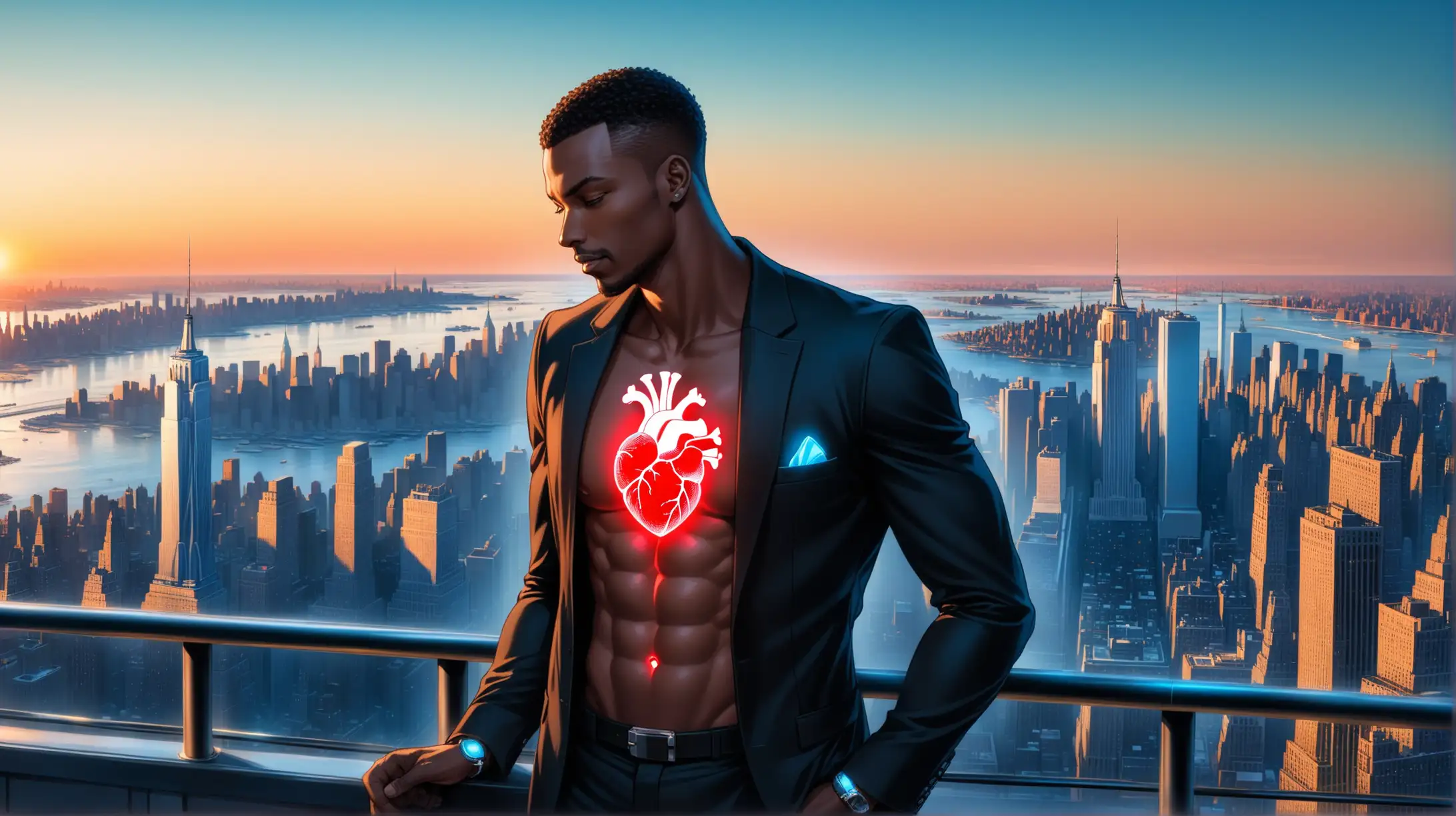 A handsome African American man fit body type lightly toned stands dressed in a black blazer and pants we see his bare chest and the black metal  gadget implanted in his bare chest the gadget displays a human heart on the screen and glows blue and deals a deck of playing cards as he towers in the sky looking down over new york city