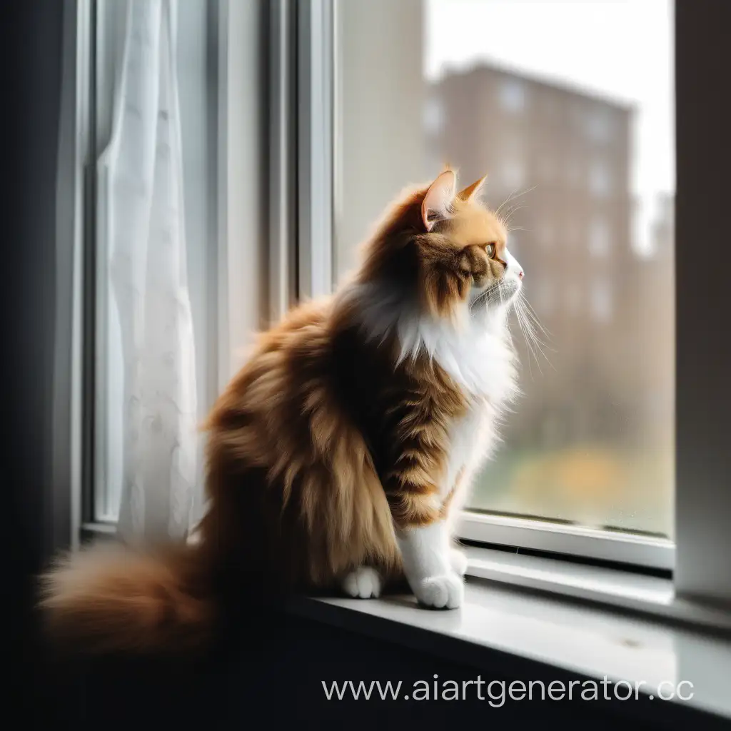 The fluffy cat sits on the windowsill, by the beautiful window, 