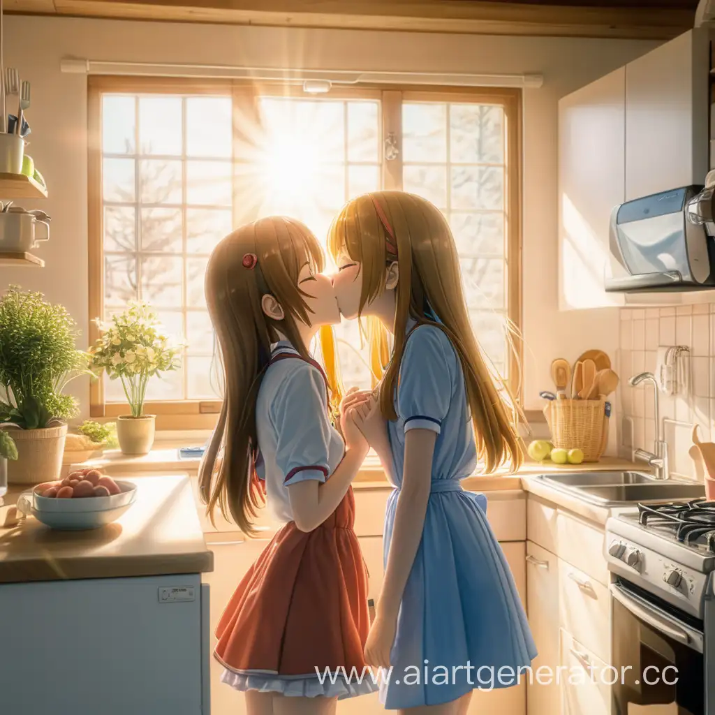 anime girls kissing in the kitchen, the sun shines on them early in the morning