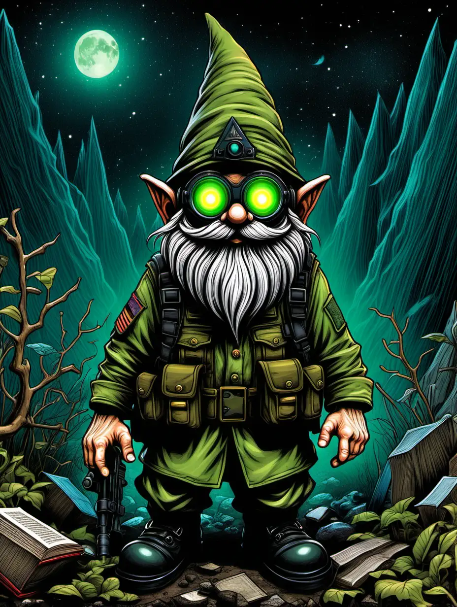illustration page for book, army gnome with night vision goggles, dark lines, vivid color