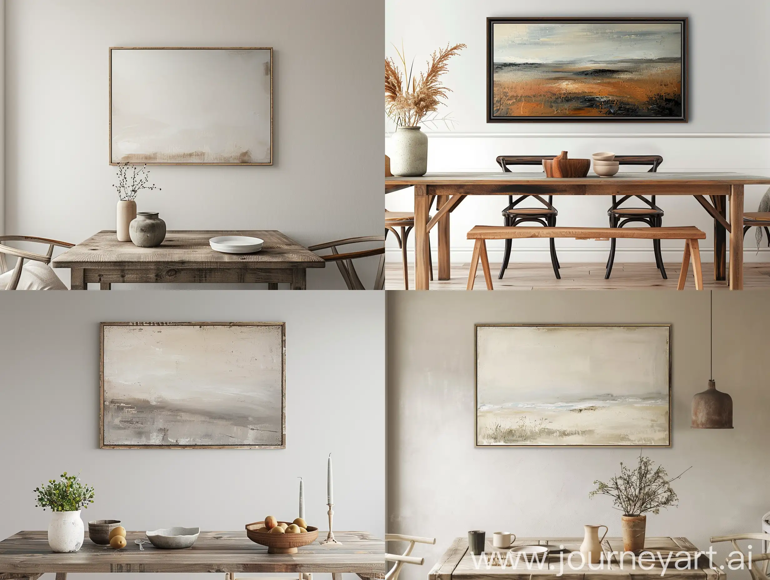 photo, horizontal painting in a frame hanging on the wall above the table, modern rustic cottage interior, best quality, 4k, neutral colors, no filters