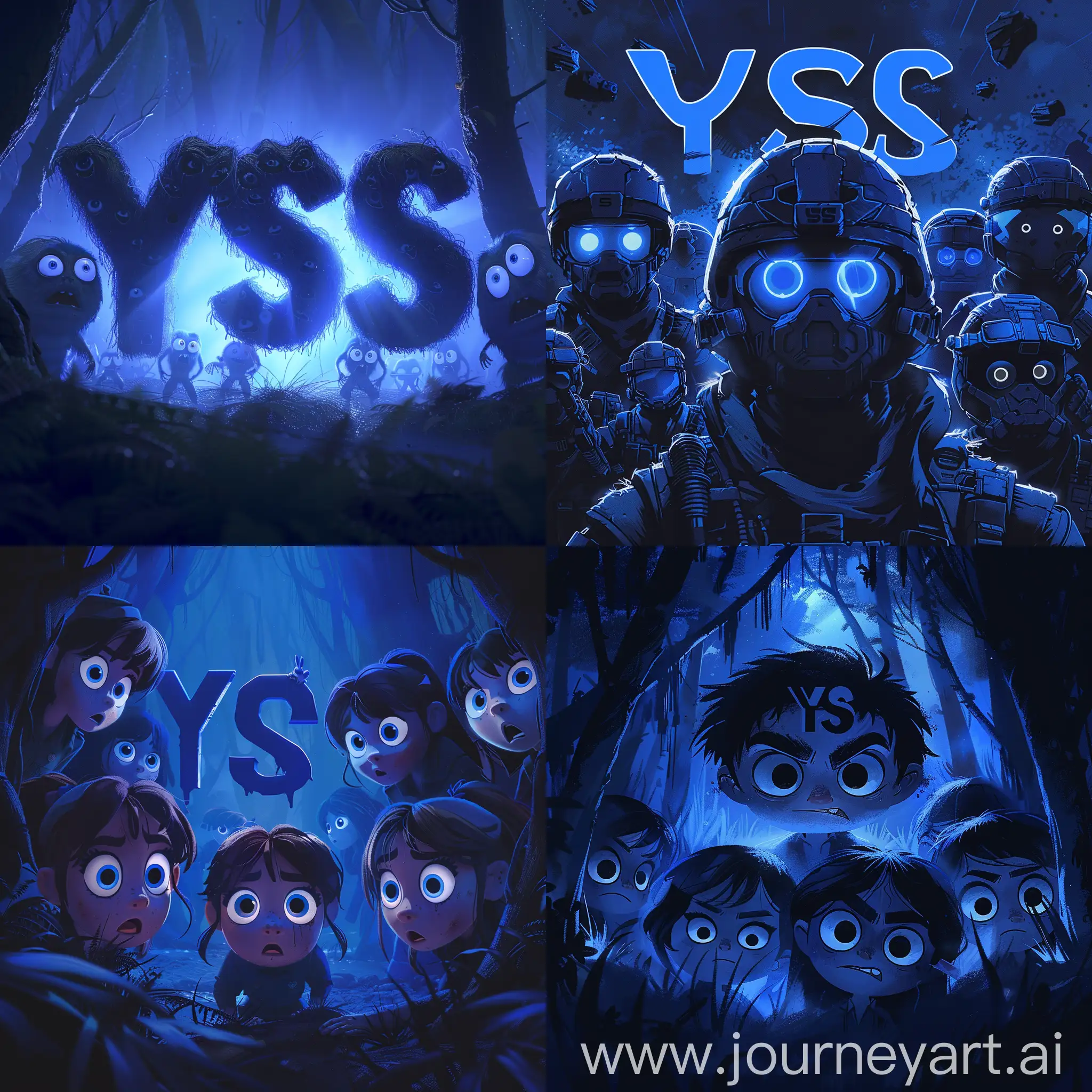 Темно-синие буквы "YSS", окруженные рейнджерами с большими глазами и туманными контурами, что придает образу таинственности и загадочности, --s 300