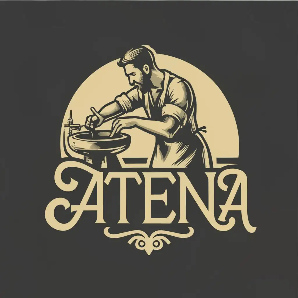 logo, a man with beard creates a realistic logo for a realistic wash basin, with the text "ATENA", typography