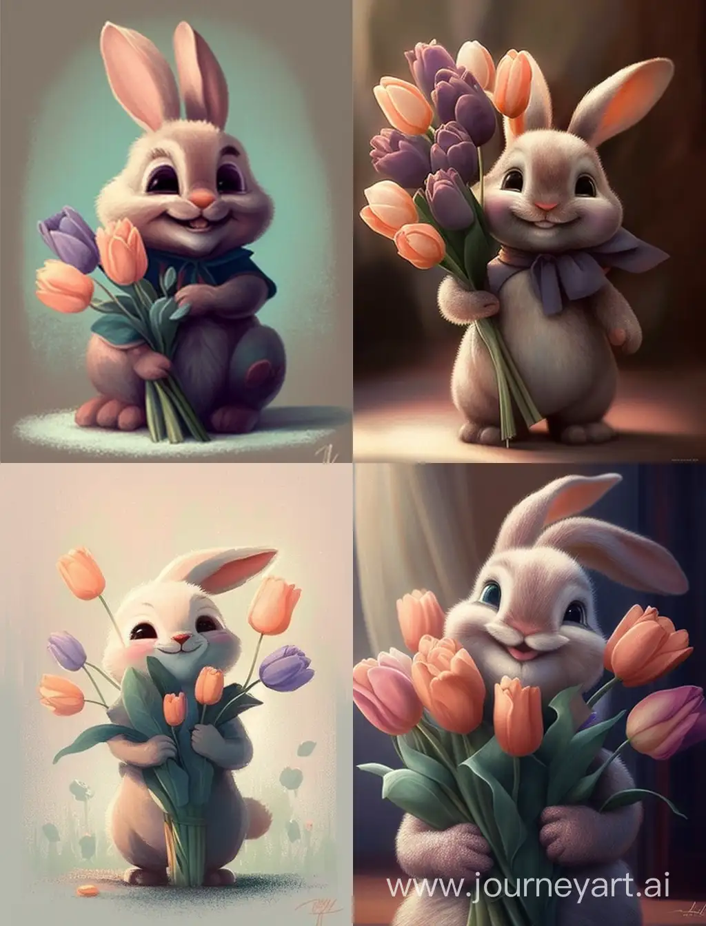 Зайка  улыбается  с букетом тюльпанов в пастельные тонах в стиле Disney Pixar