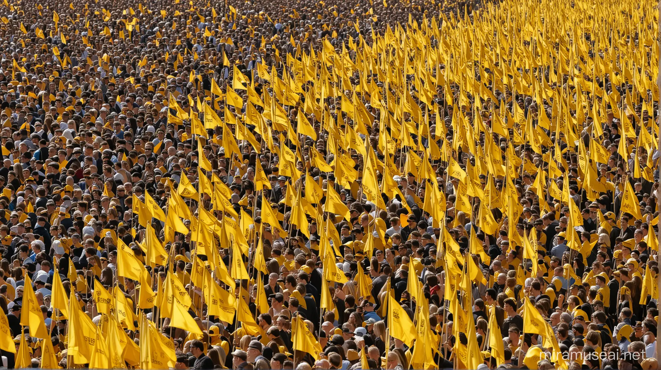 Personas en un mitin político con banderas amarillas