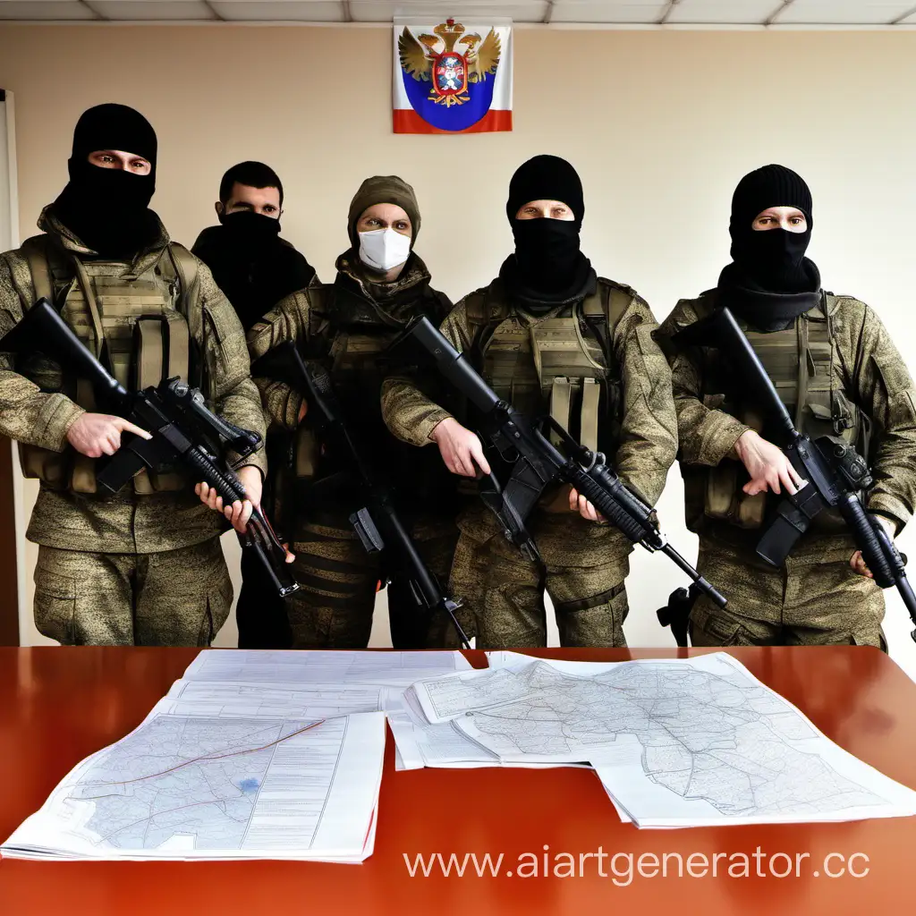 Пятеро человек в одежде стиля милитари и балаклавах с автоматами на ремне стоят перед столом с документами и настенной картой России