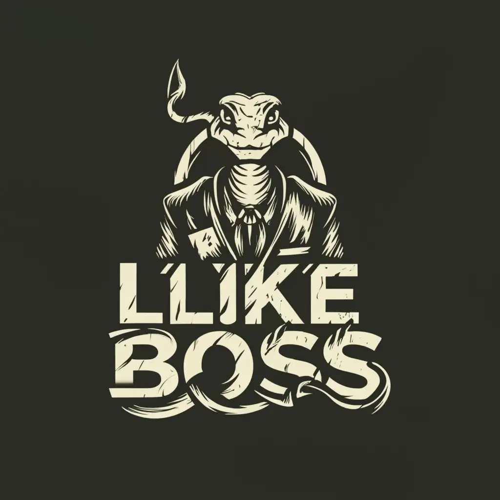 logo, An abstract snake in a suit with a very cool look in black and white, with the text "Like Boss", typography, be used in Entertainment industry