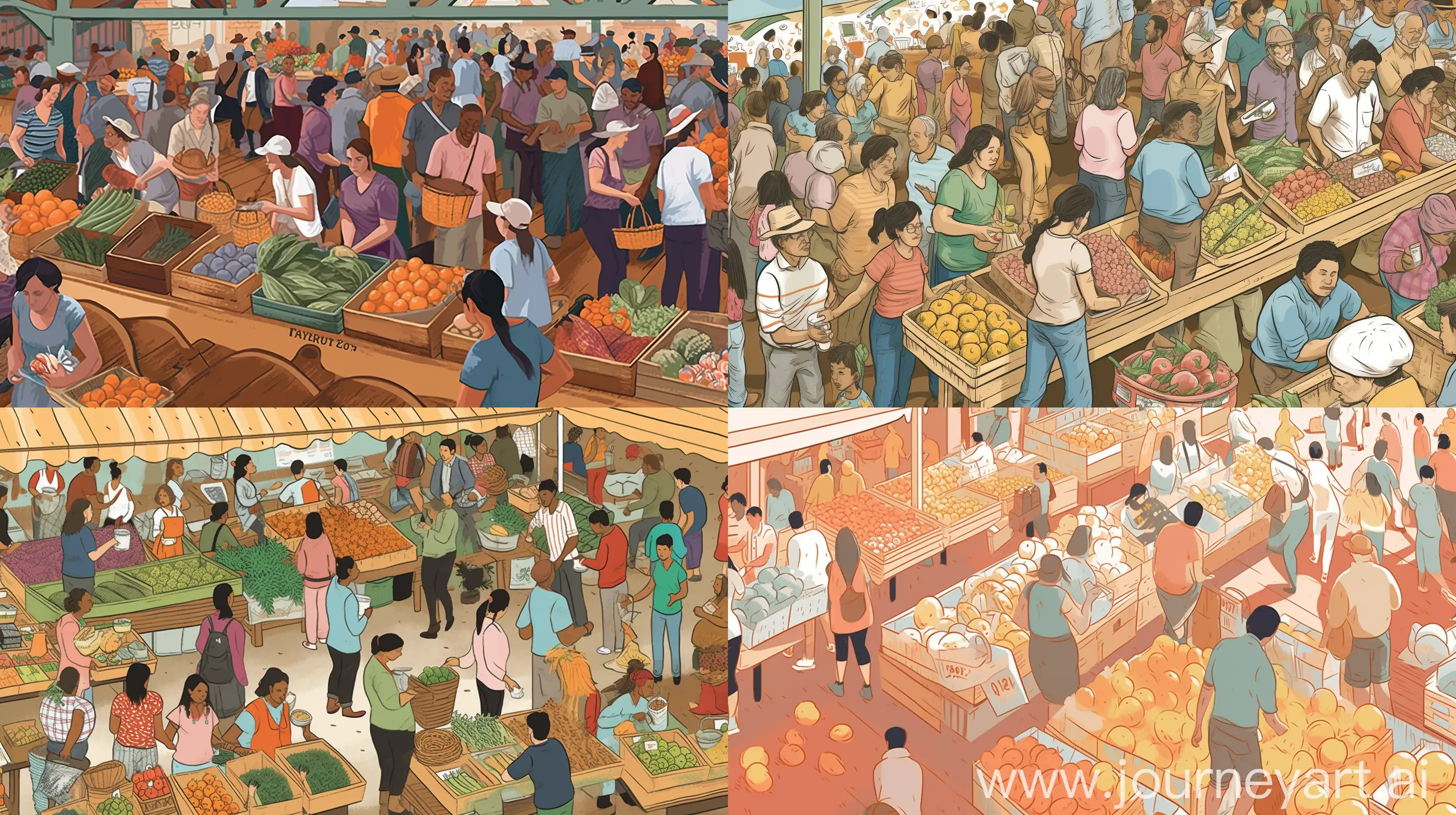 /imagine prompt: From Plastic Wrap to Peach Pits: All-Natural Food Storage Solutions, illustrating a bustling farmer's market scene, vendors proudly displaying their organic produce in woven baskets and wooden crates, chatter and laughter filling the air, capturing the community spirit, Illustration, digital art, --ar 16:9 --v 5