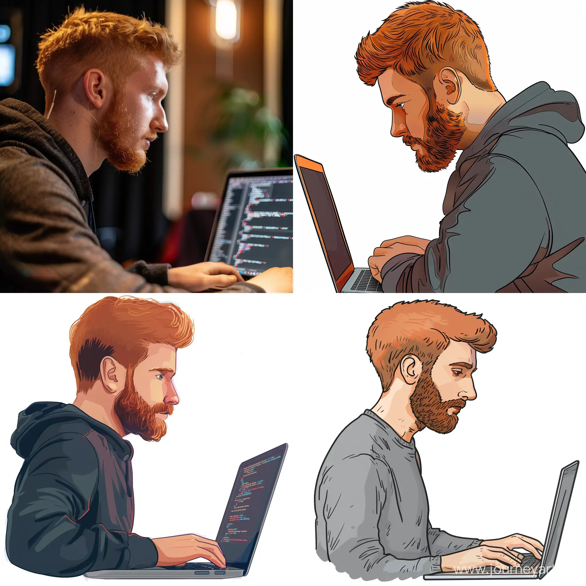 A 25 year old man with short ginger hair and beard coding in a laptop looking cool from the side, in the style of animoji --v 6 --ar 1:1 --no 22487