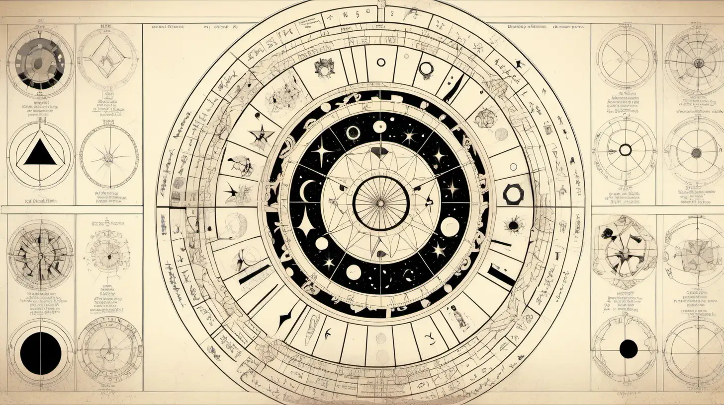 an astrological wheel with 2d black geometric shapes