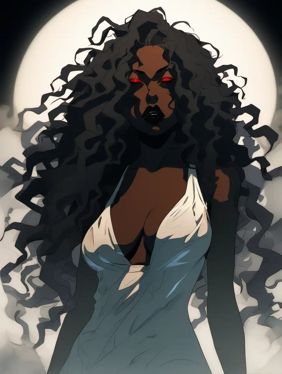 [CLOSE UP] anime silhouette, woman with black smoke coming out of mouth, smoke coming out MOUTH, (mature, whole body, ethereal long black wild curly hair, brown skin, black lip, red eyes, full hips/thighs, and bewitching chest with medium breasts), extremely detailed, ultra-sharp focus, depth of field, perfect meshes and textures, highly accurate reflections, volumetric fog, volumetric lighting, face drawn by the masterful artist Paul Gauguin, thin and soft lines --ar 2:3 --niji 5