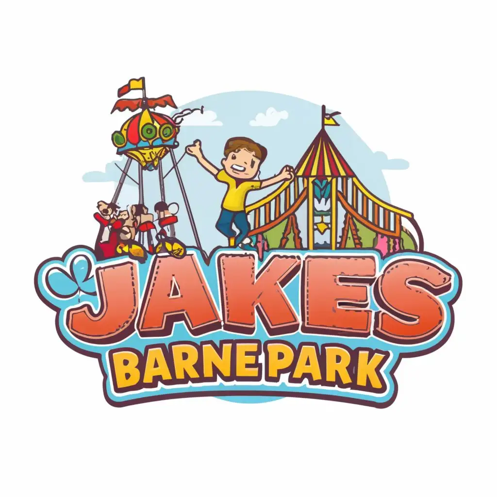 logo, cartoon kid and amusement ride, with the text "Jakes Barnepark", typography
