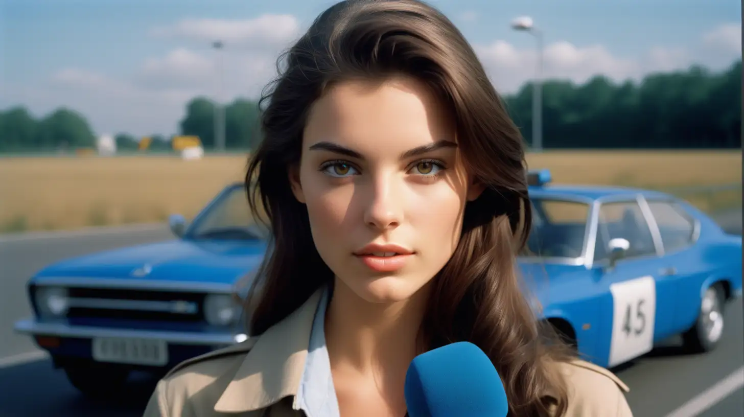 Brunette Reporter with Blue Microphone Windscreen Kodak Gold 400 Portrait