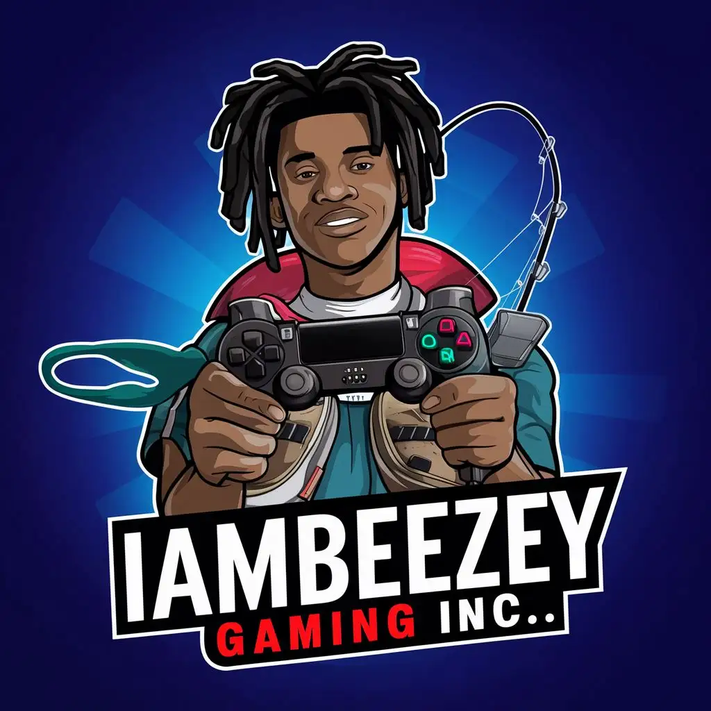 logo, black younger guy with dreadlocks holding a black and red playstation remote wearing fishing gear, with the text "IamBeezey Gaming inc.", typography