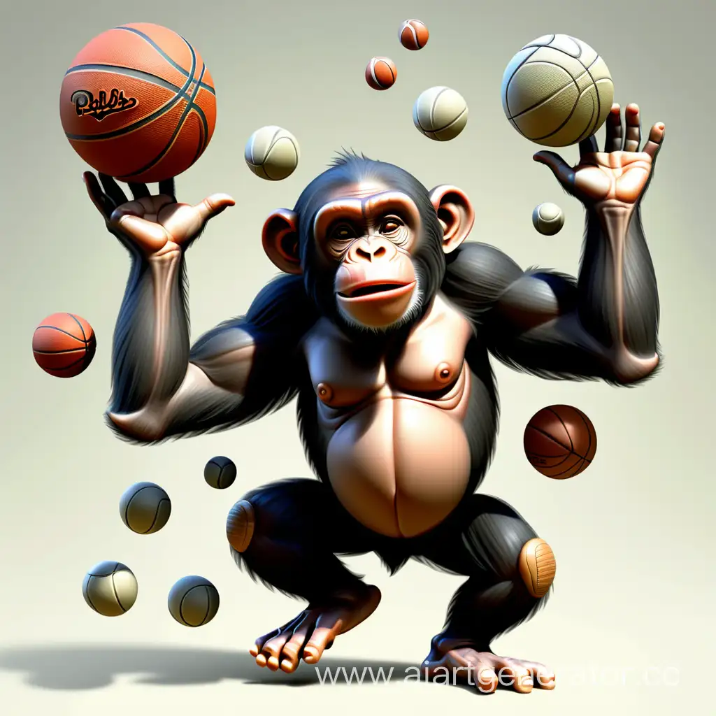 шимпанзе с баскетбольным мячом в полёте и потоке коэффициэнтов, цифр,мячей, шайб, хоккейных клюшек, теннисных ракеток с надписью на шкуре PARI