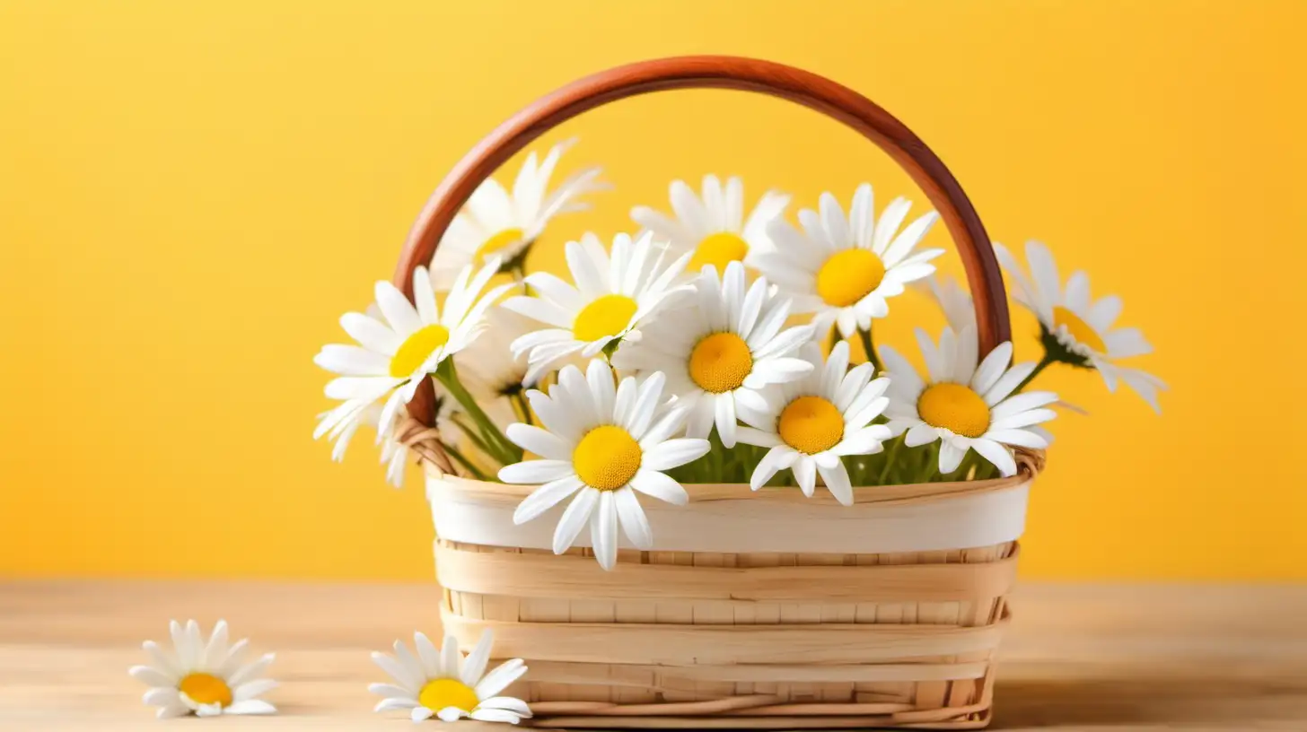 Vibrant Spring White Daisy Flowers in Wooden Basket on Yellow Background