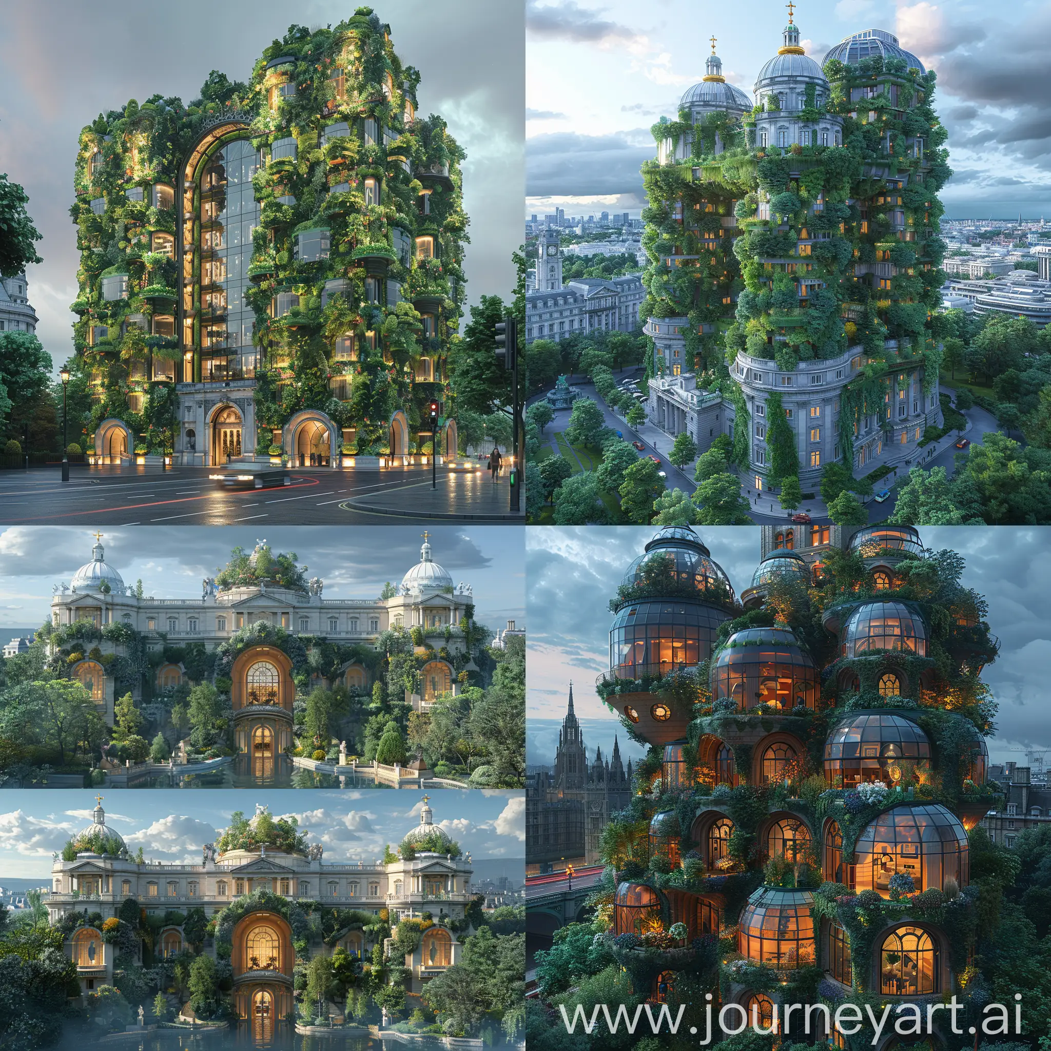 Futuristic Buckingham Palace, sustainable facade, vertical gardens, automated transportation, smart interiors, holographic communications, security upgrades, sustainable energy sources, octane render --stylize 1000