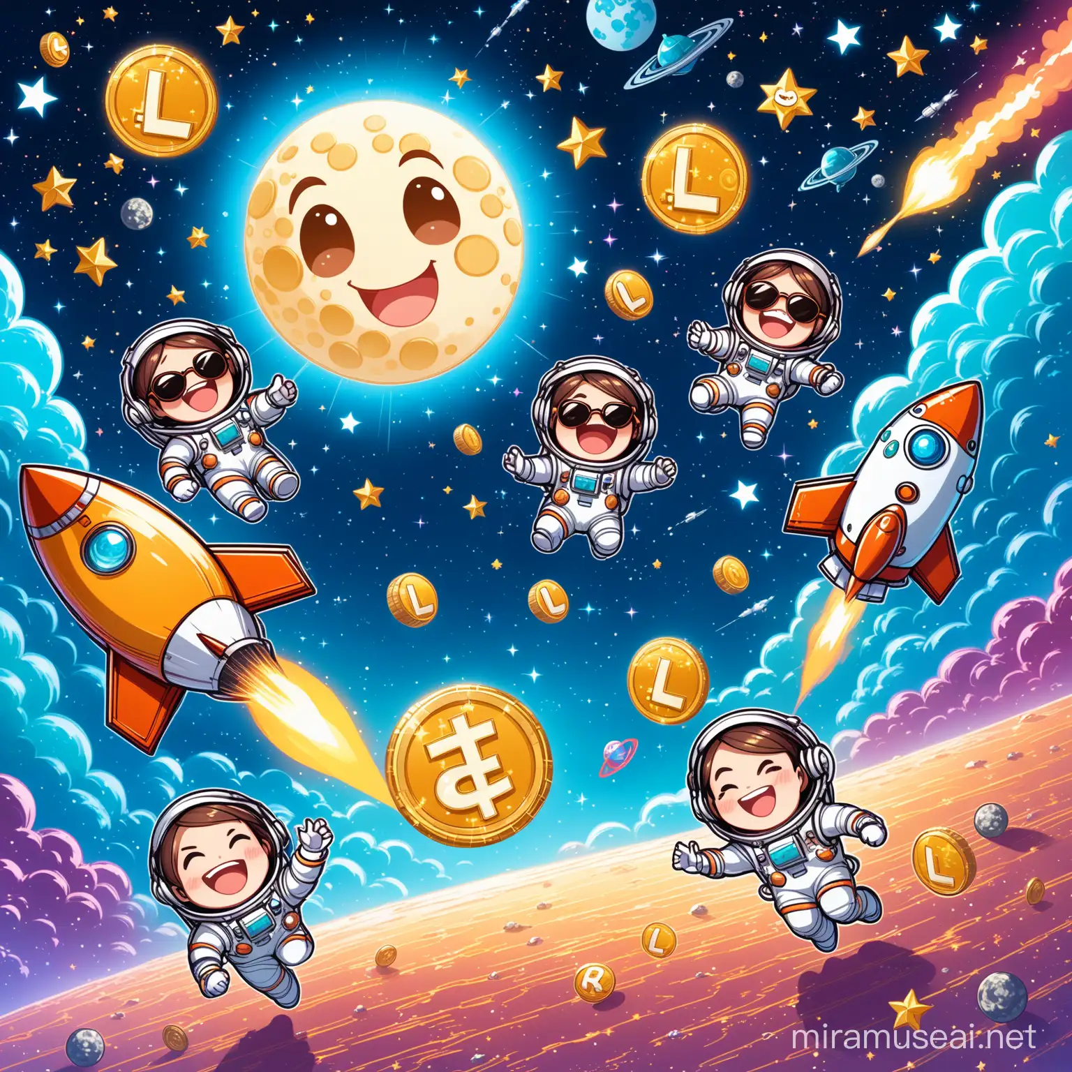 Create an AI-generated image depicting a whimsical lunar landscape, complete with a smiling moon wearing sunglasses and surrounded by stars. In the foreground, include a group of cartoonish astronauts floating around, each holding a cryptocurrency symbol and laughing hysterically. Sprinkle in some rocket ships blasting off in the background, with speech bubbles filled with 'LOL' and other laughter-related expressions. The central focus should be the text 'LunarLolCoin (LOL)' prominently displayed, capturing the playful and humorous spirit of this meme coin