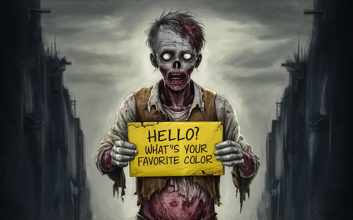 draw a zombie holding a sign in yellow in front of his stomach